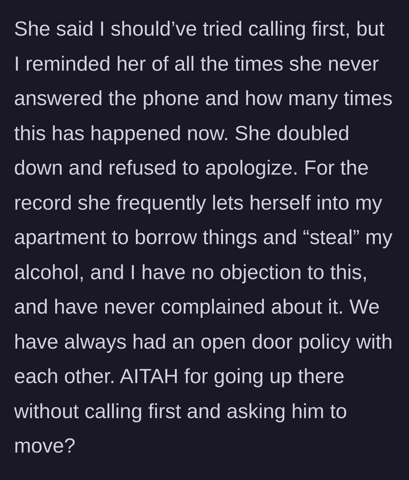 Story part 6 - The neighbor's refusal to apologize and the history of borrowing household items without consequence.
