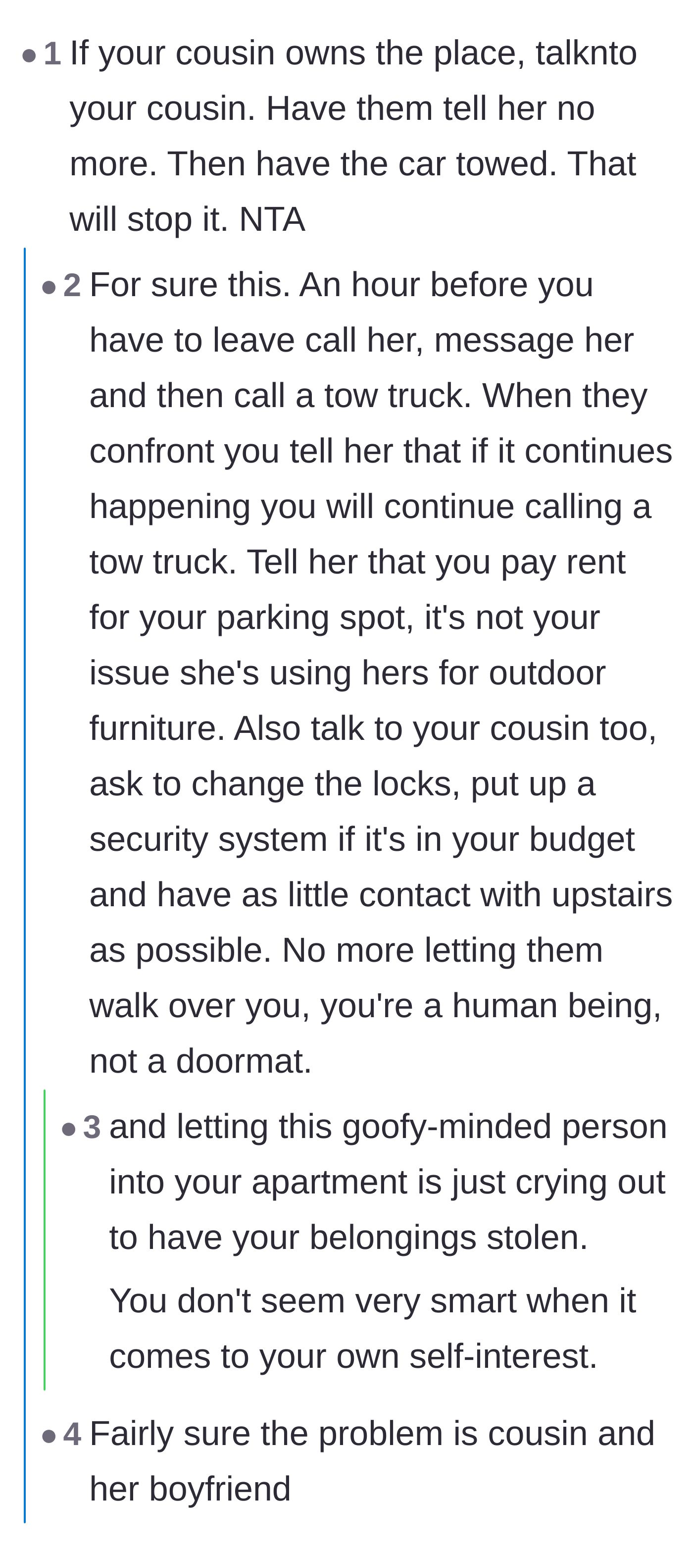 Comment thread 1 - Readers advising the author to involve the landlord cousin and threaten to tow the boyfriend's car.