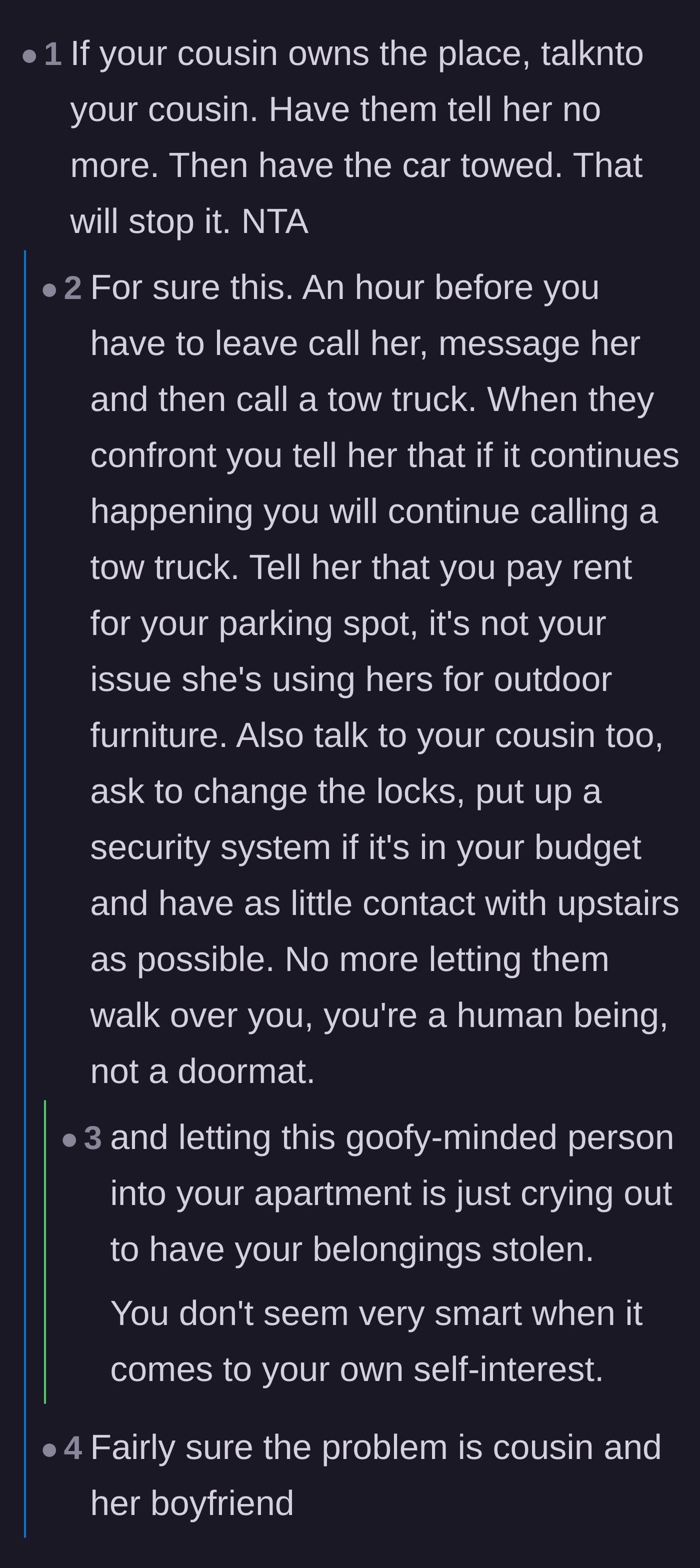 Comment thread 1 - Readers advising the author to involve the landlord cousin and threaten to tow the boyfriend's car.