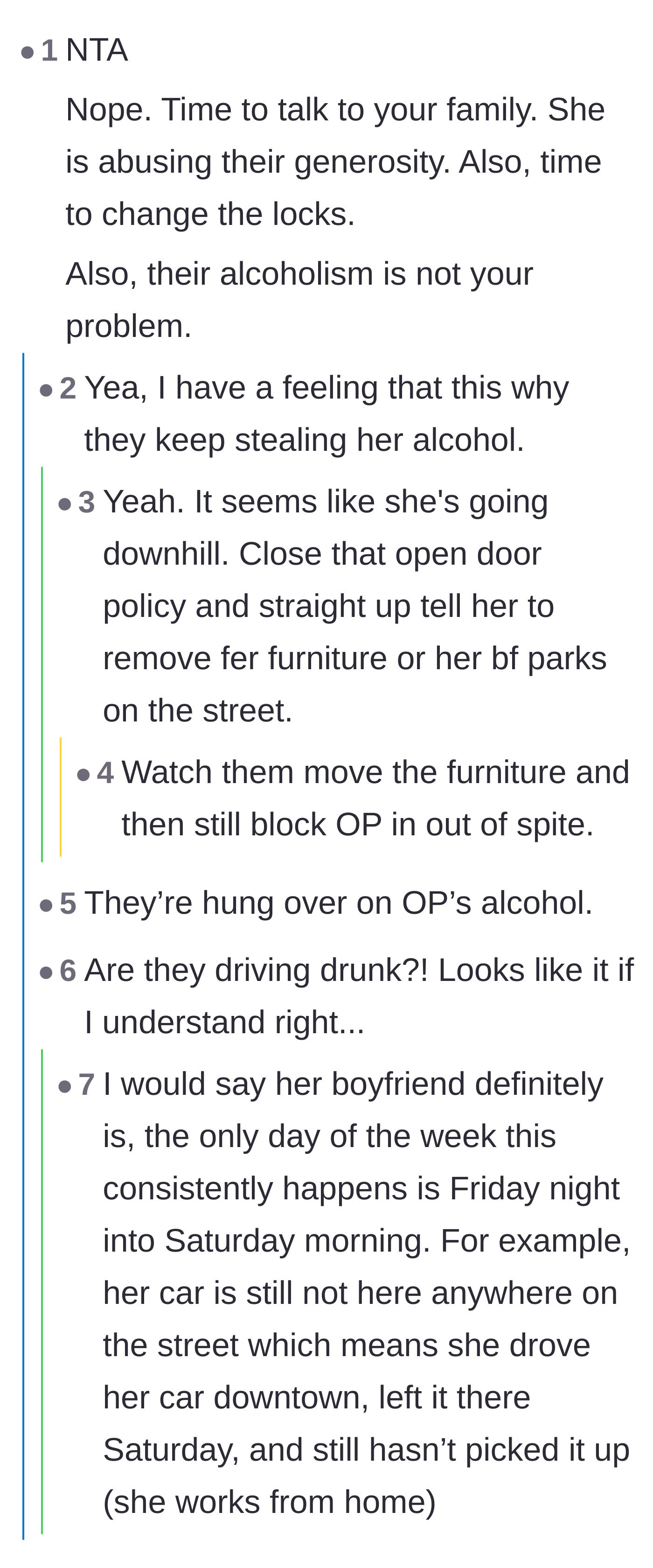 Comment thread 2 - A discussion about the upstairs neighbor abusing the family's generosity and the concerning implications of the boyfriend's drinking habits.