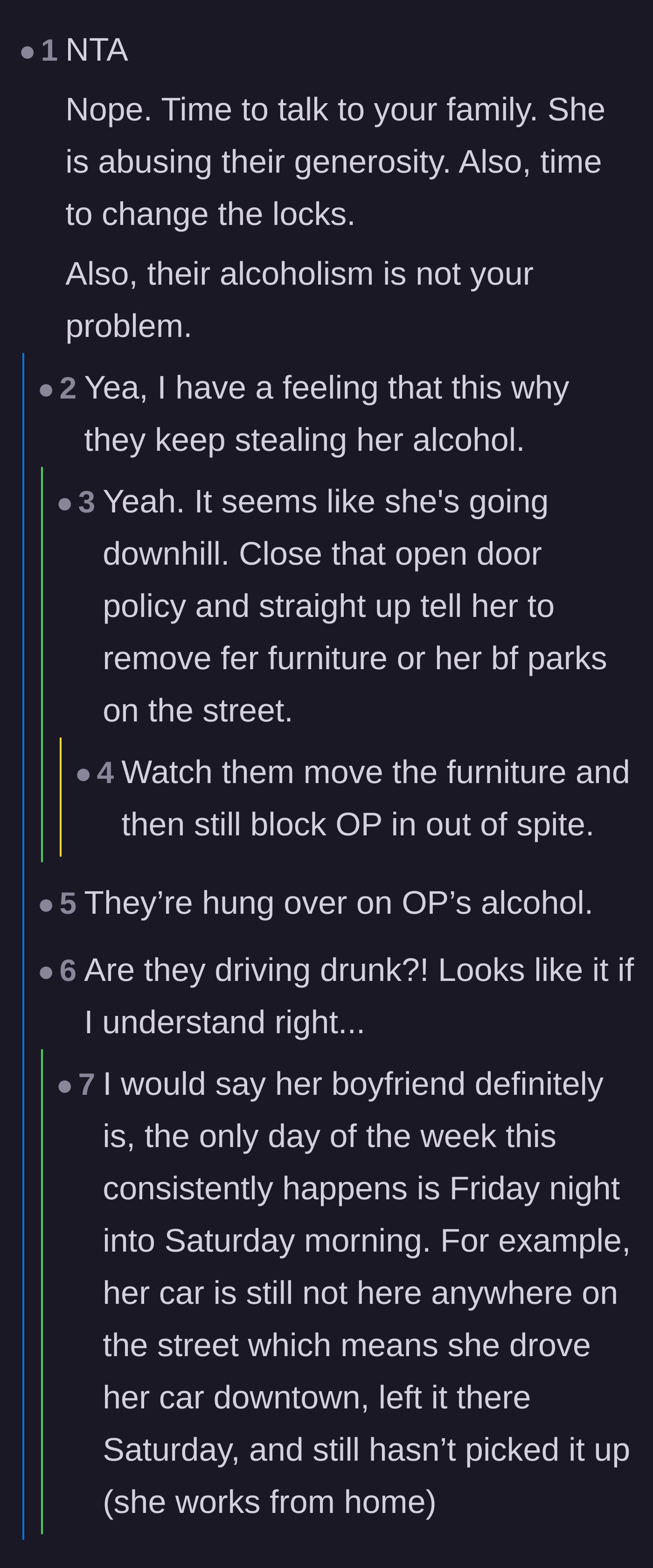 Comment thread 2 - A discussion about the upstairs neighbor abusing the family's generosity and the concerning implications of the boyfriend's drinking habits.