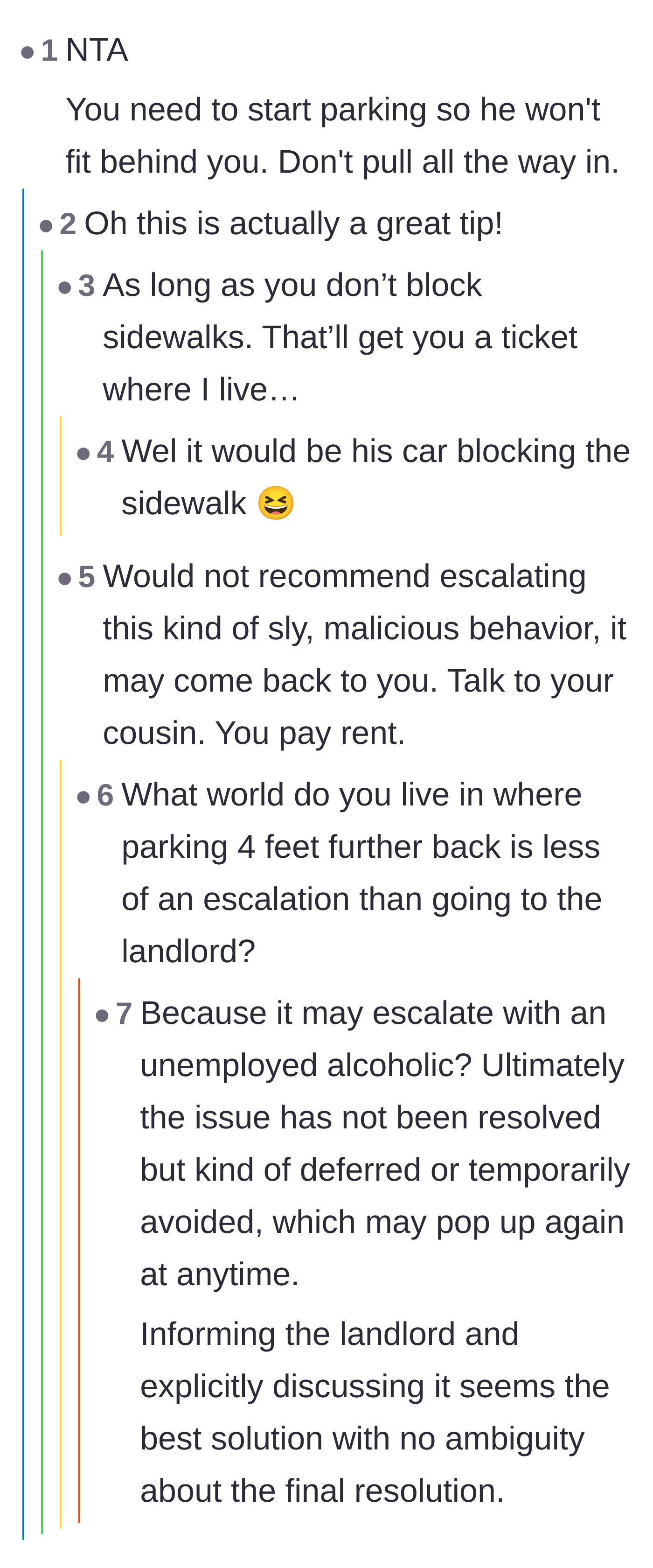 Comment thread 3 - Commenters debating the tactical move of parking halfway in the driveway to physically block the boyfriend from entering.