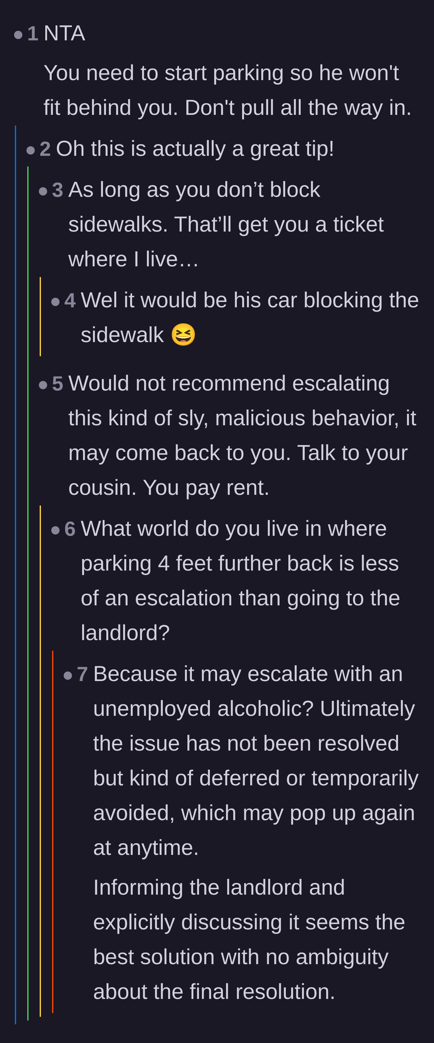 Comment thread 3 - Commenters debating the tactical move of parking halfway in the driveway to physically block the boyfriend from entering.