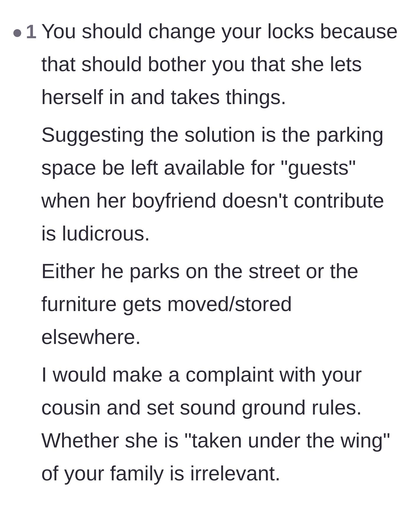Comment thread 5 - Advice focused on the absurdity of giving up a parking spot for a non-contributing guest and urging a lock change.