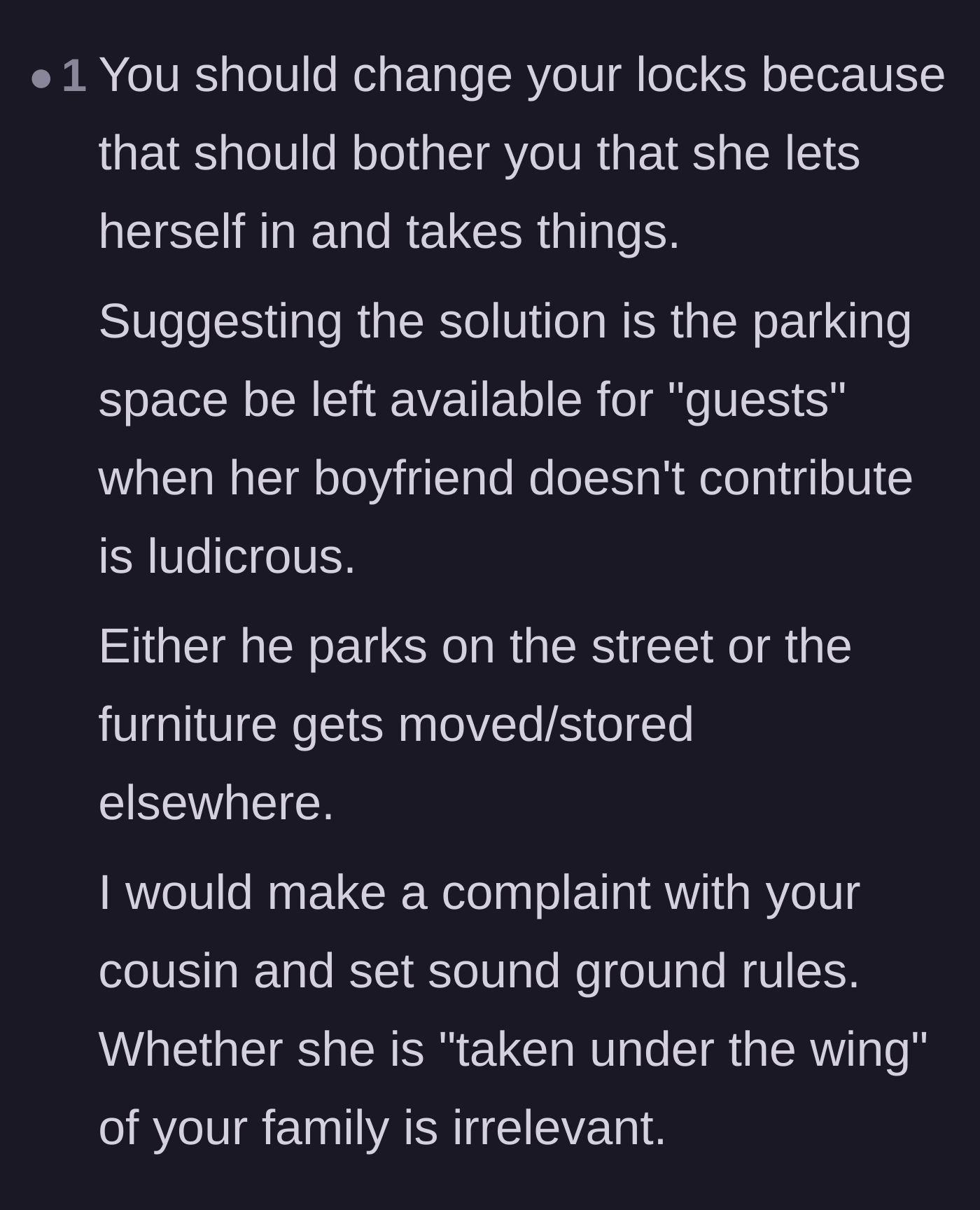 Comment thread 5 - Advice focused on the absurdity of giving up a parking spot for a non-contributing guest and urging a lock change.