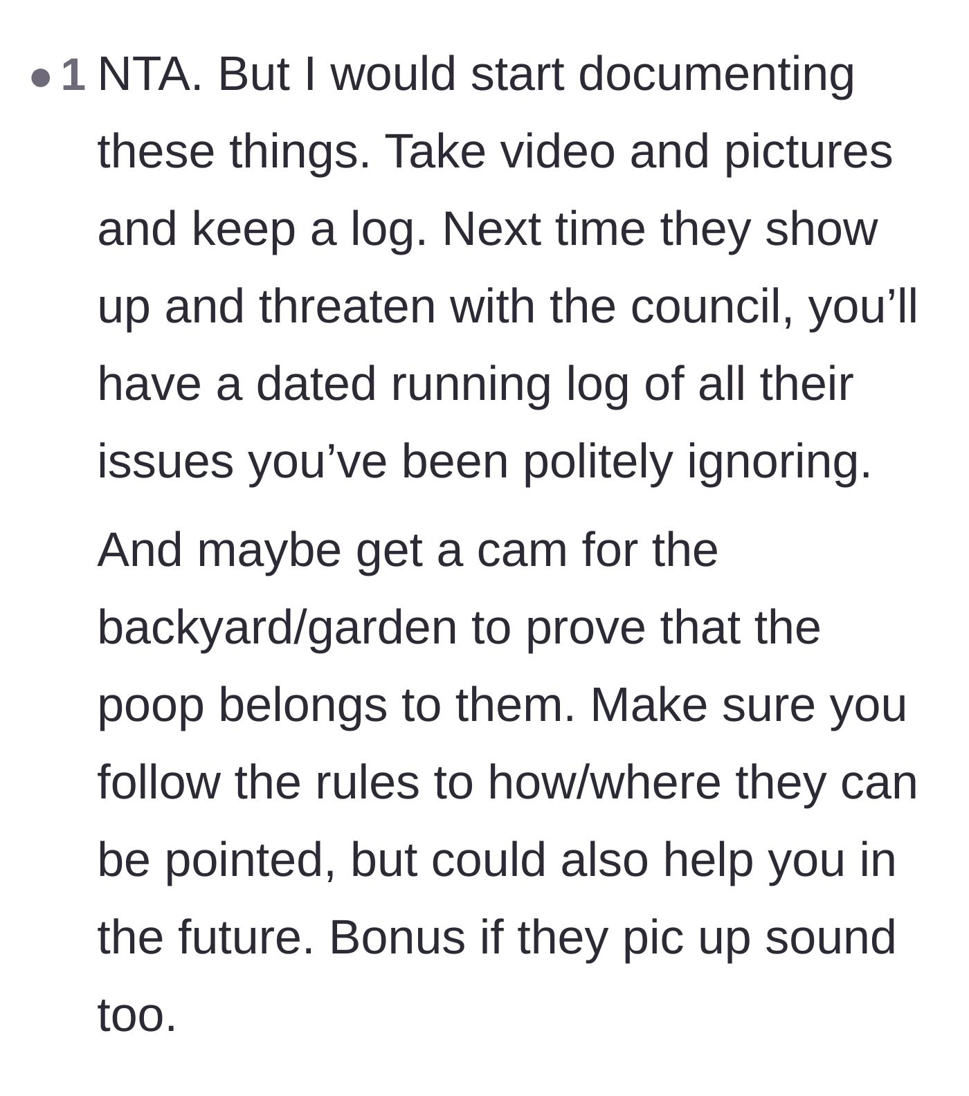 Comment thread 4 - Tactical advice to install cameras and log every instance of noise and uncollected yard mess.