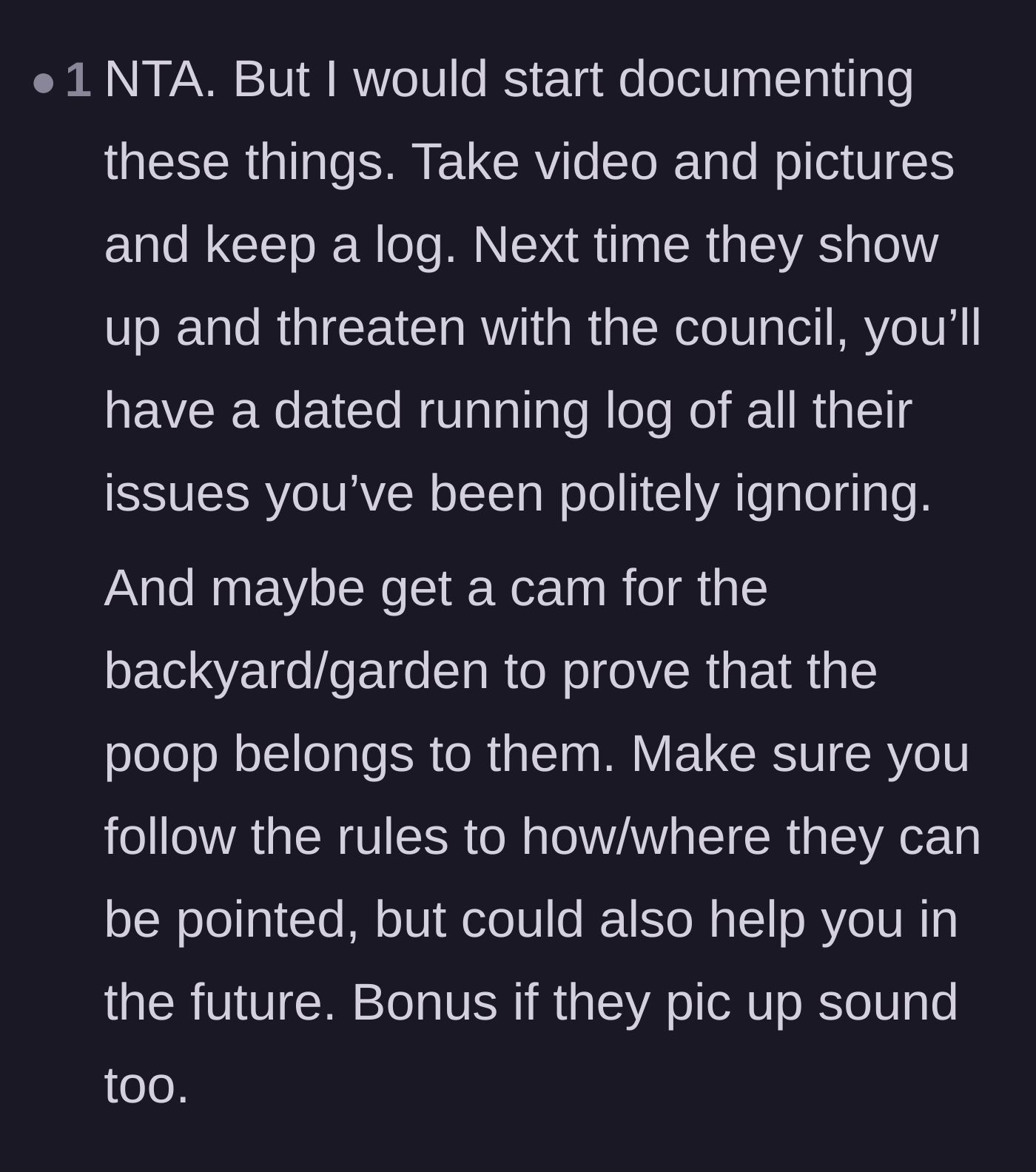 Comment thread 4 - Tactical advice to install cameras and log every instance of noise and uncollected yard mess.