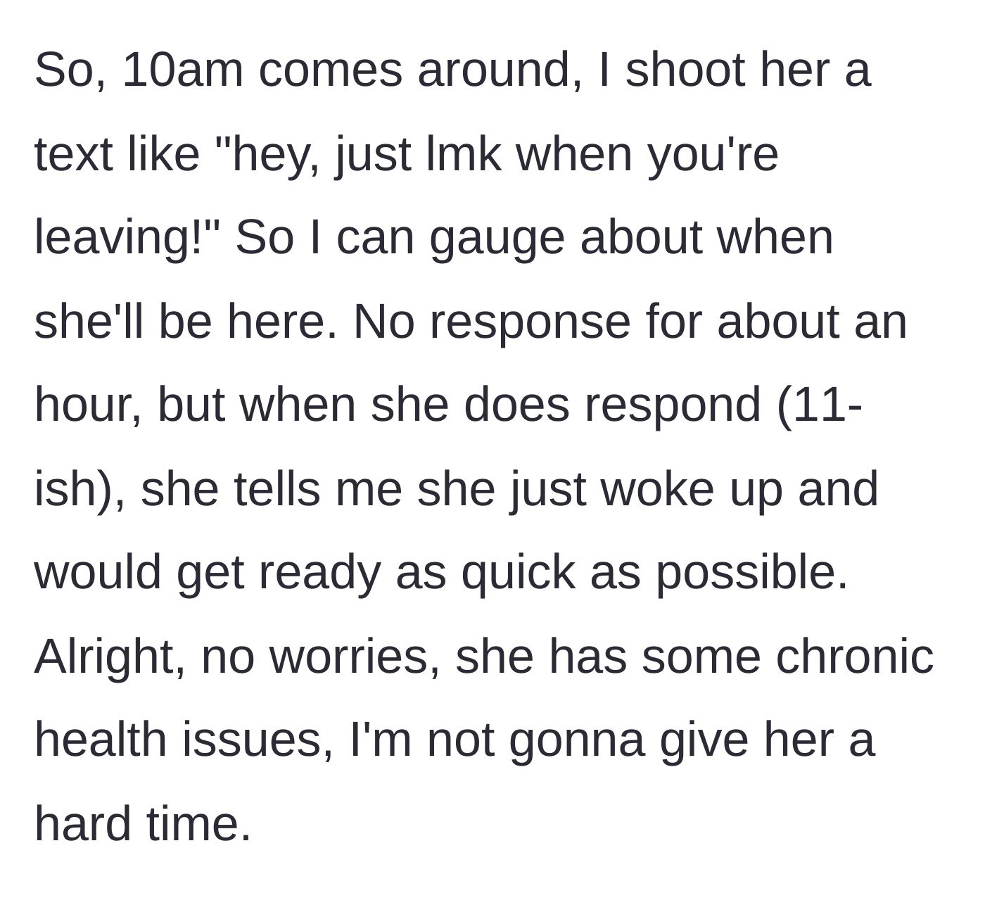 Story part 2 - Morning check-in texts and a delayed response about waking up late.