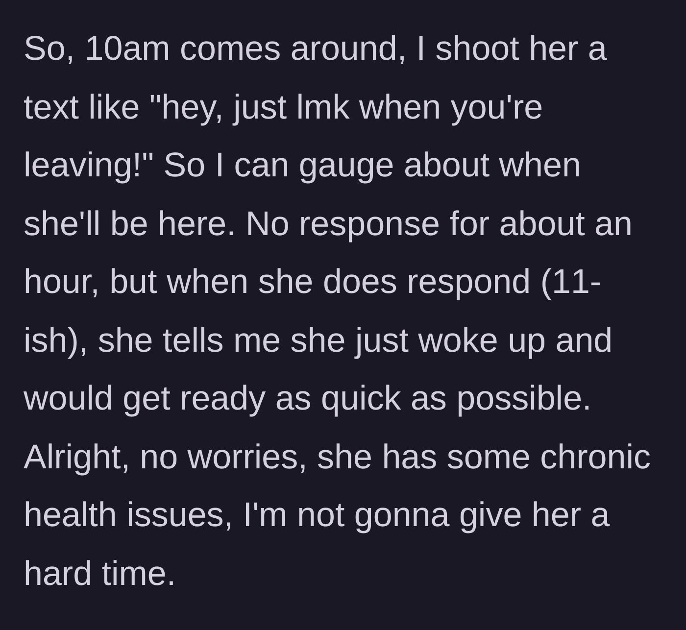 Story part 2 - Morning check-in texts and a delayed response about waking up late.