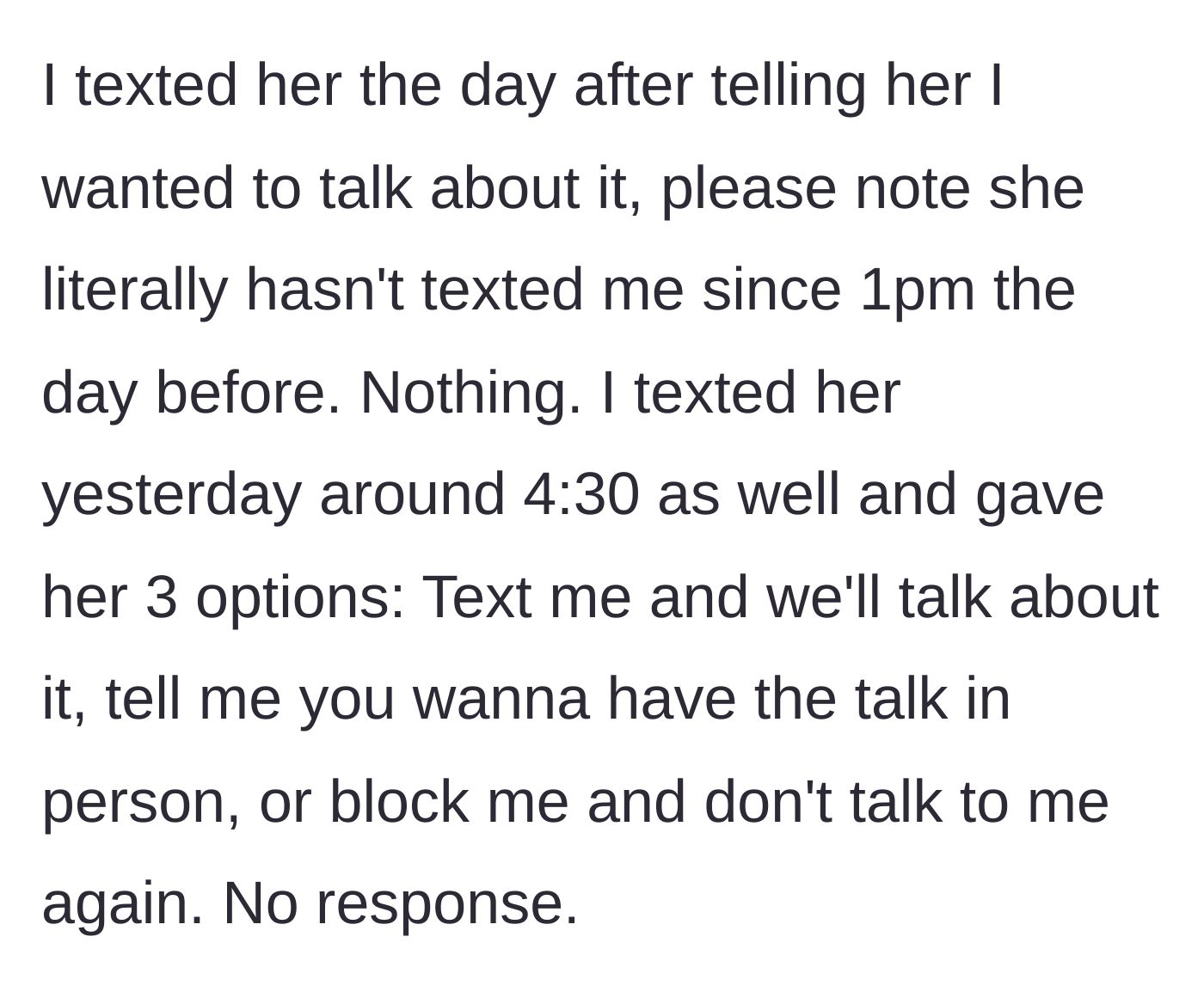 Story part 5 - Texting the day after with three options to communicate or end things.