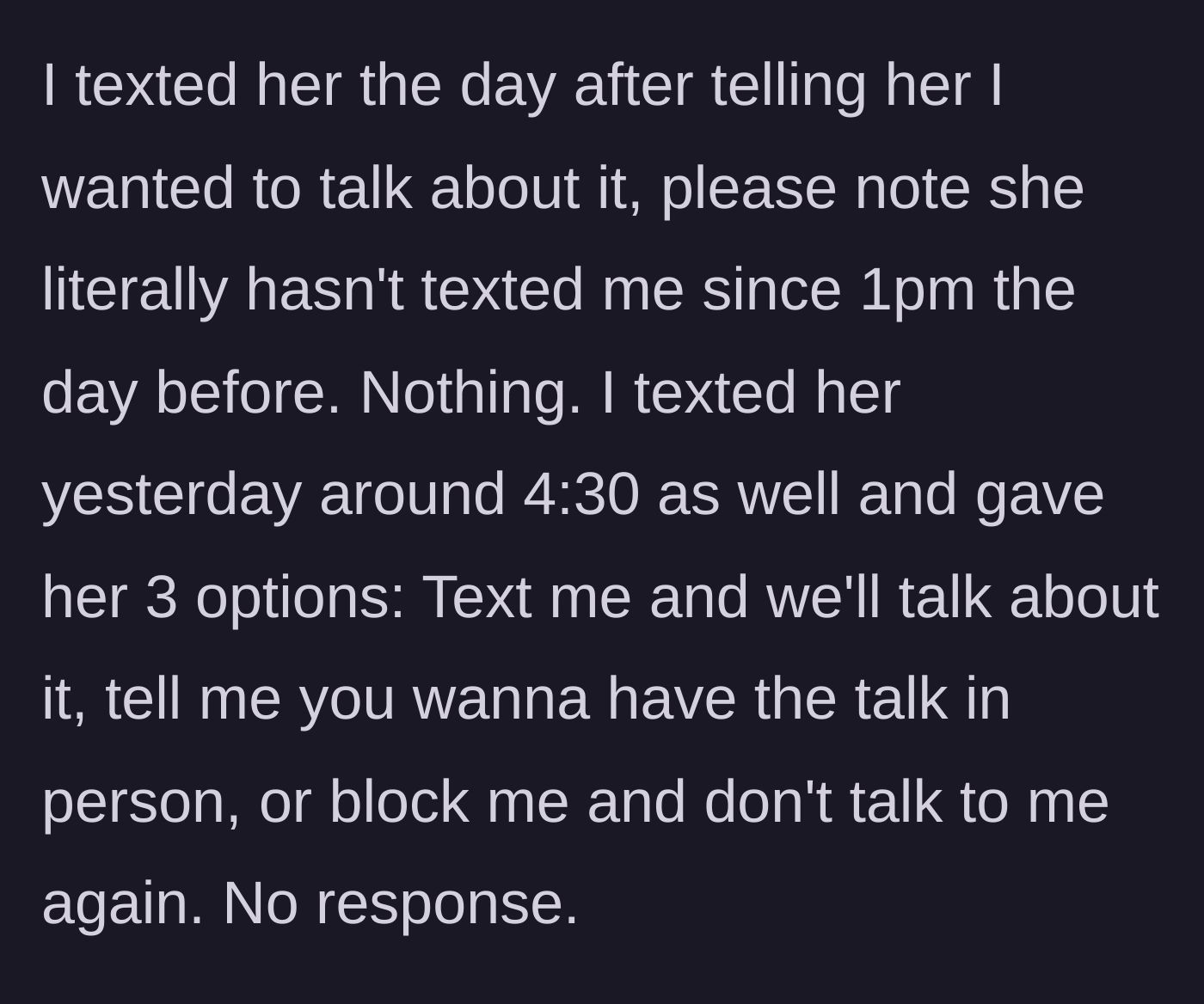 Story part 5 - Texting the day after with three options to communicate or end things.