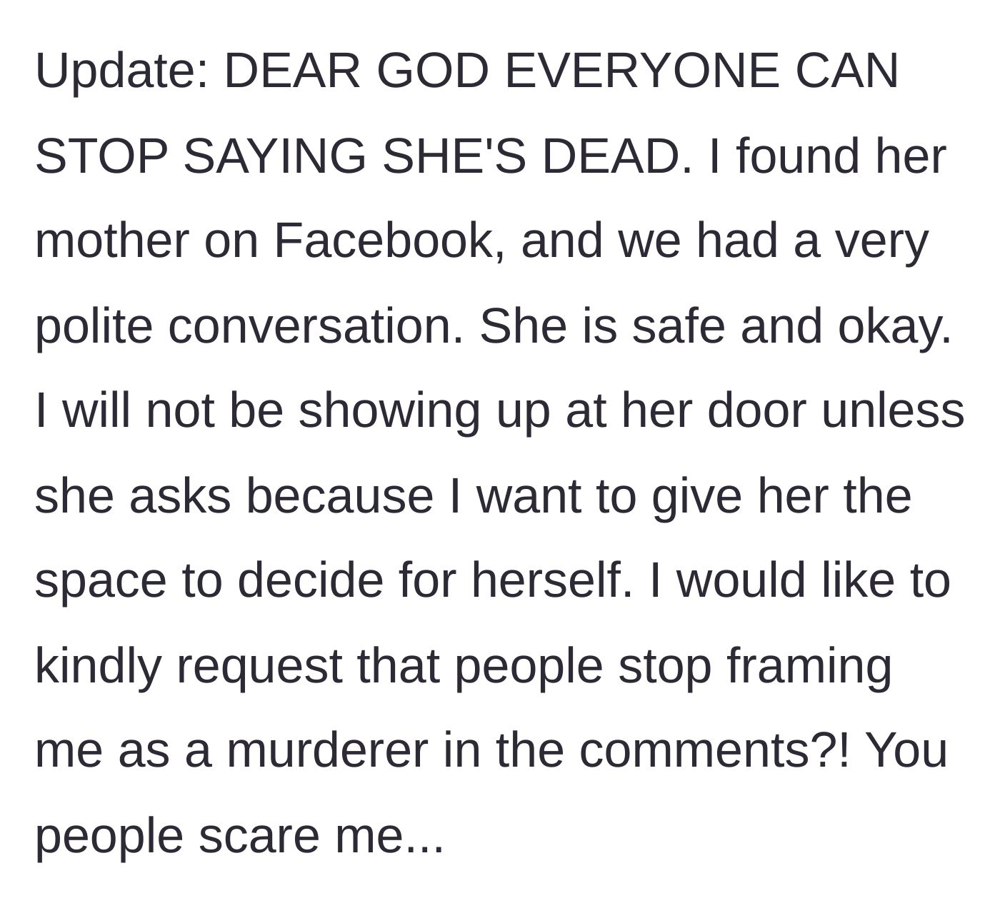 Story part 7 - Confirming via the girlfriend's mother that she is alive after internet commenters panicked.