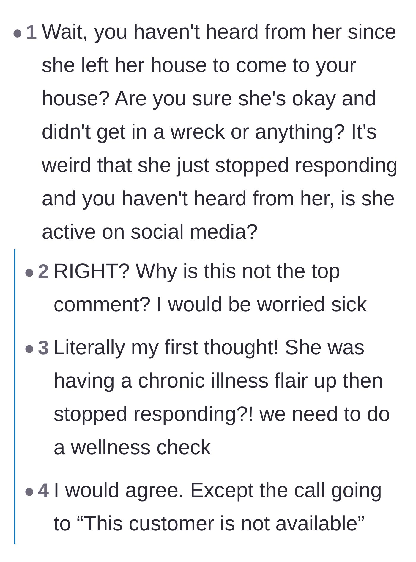 Comment thread 3 - Readers expressing intense panic that the girlfriend might have been in a literal car crash.