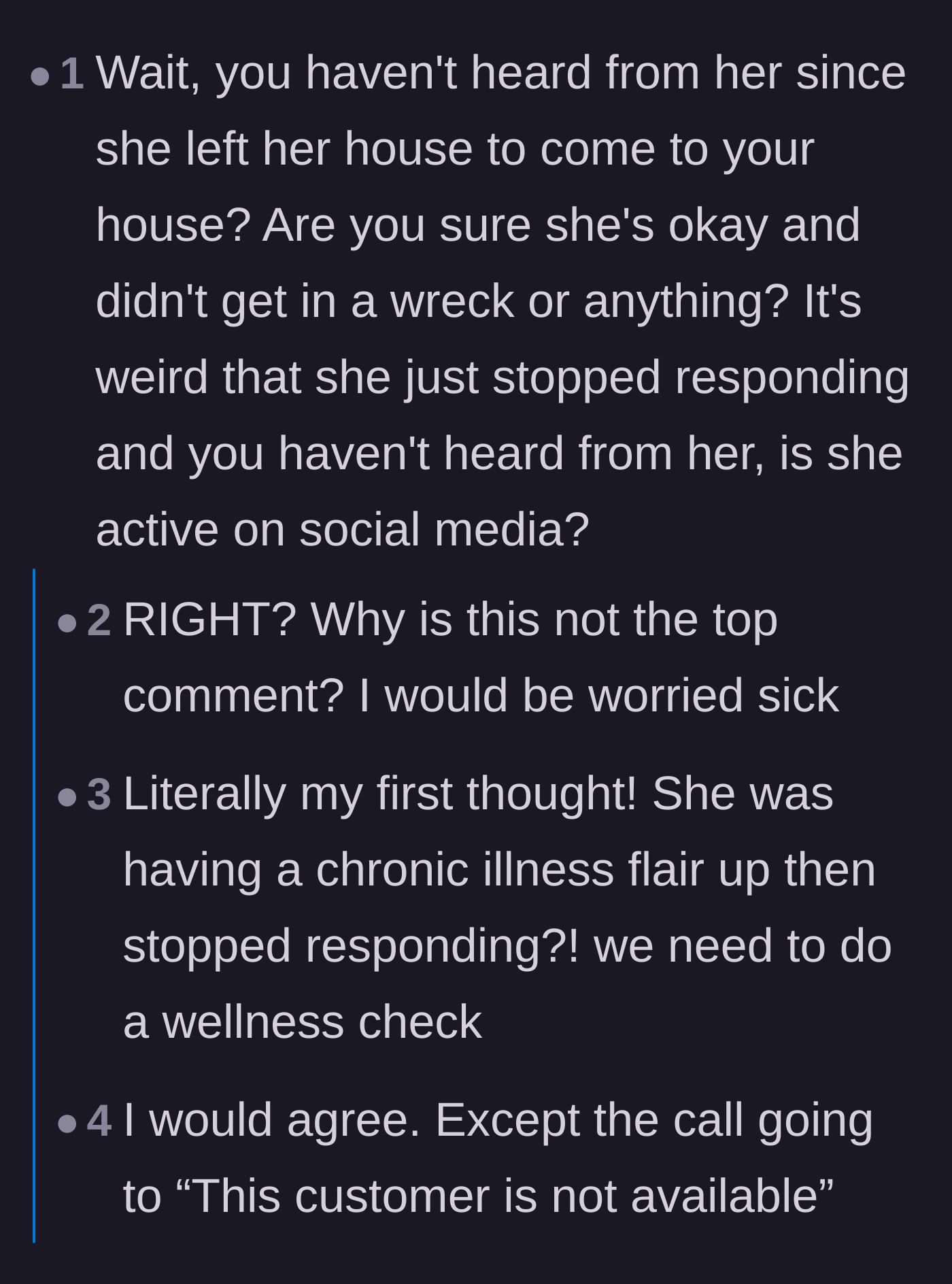 Comment thread 3 - Readers expressing intense panic that the girlfriend might have been in a literal car crash.