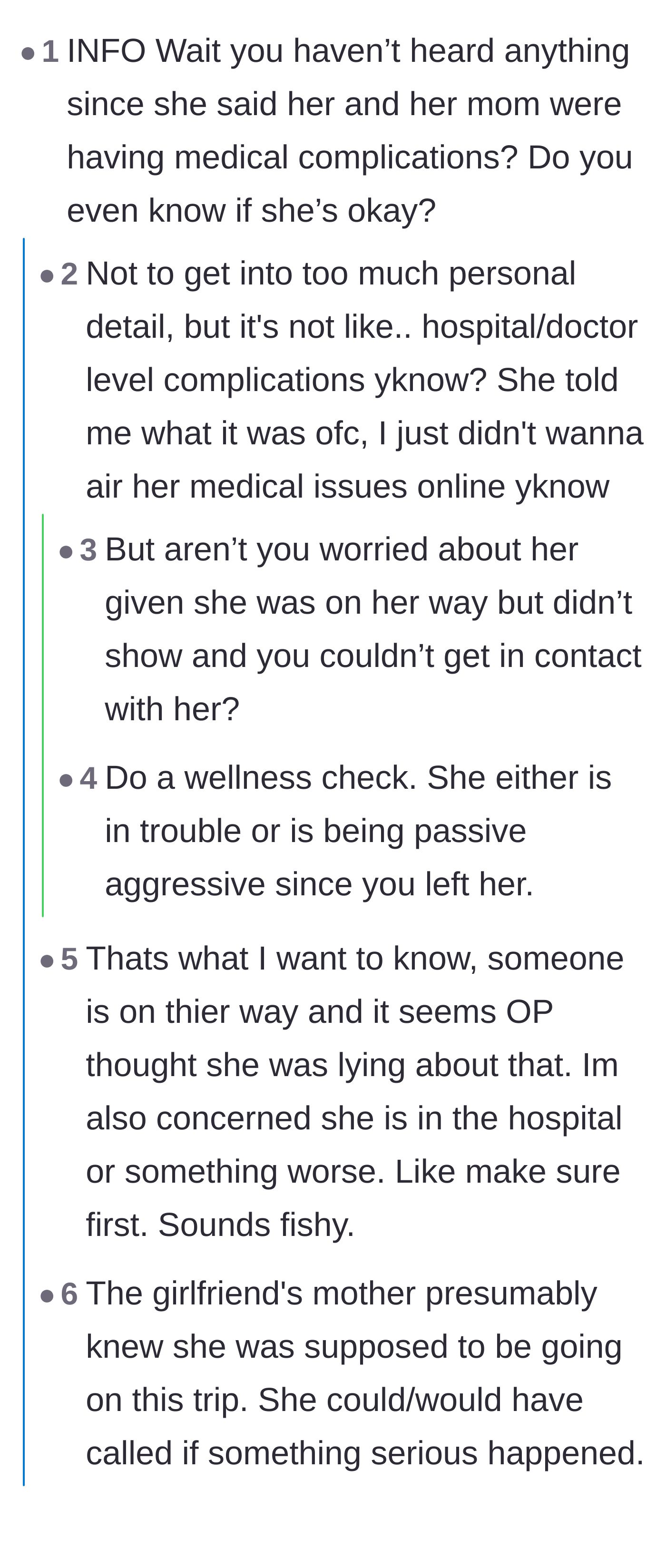 Comment thread 6 - A debate over whether OP should drive to the girlfriend's house to do a physical wellness check.