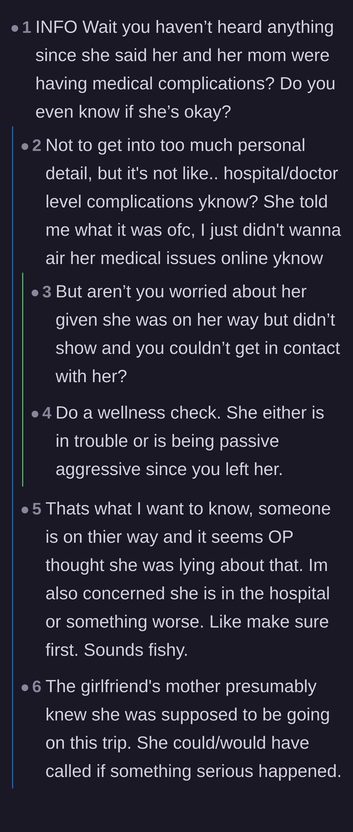Comment thread 6 - A debate over whether OP should drive to the girlfriend's house to do a physical wellness check.
