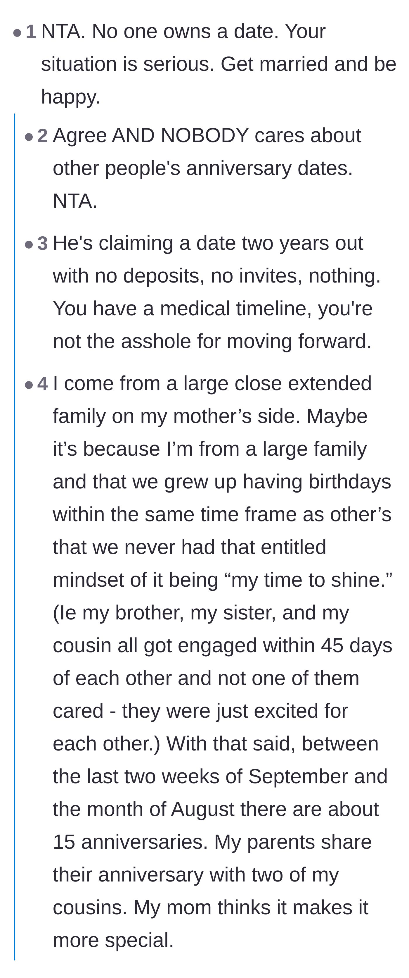 Comment thread 1 - Users sharing stories of shared family anniversaries and agreeing that nobody else cares about your wedding date.