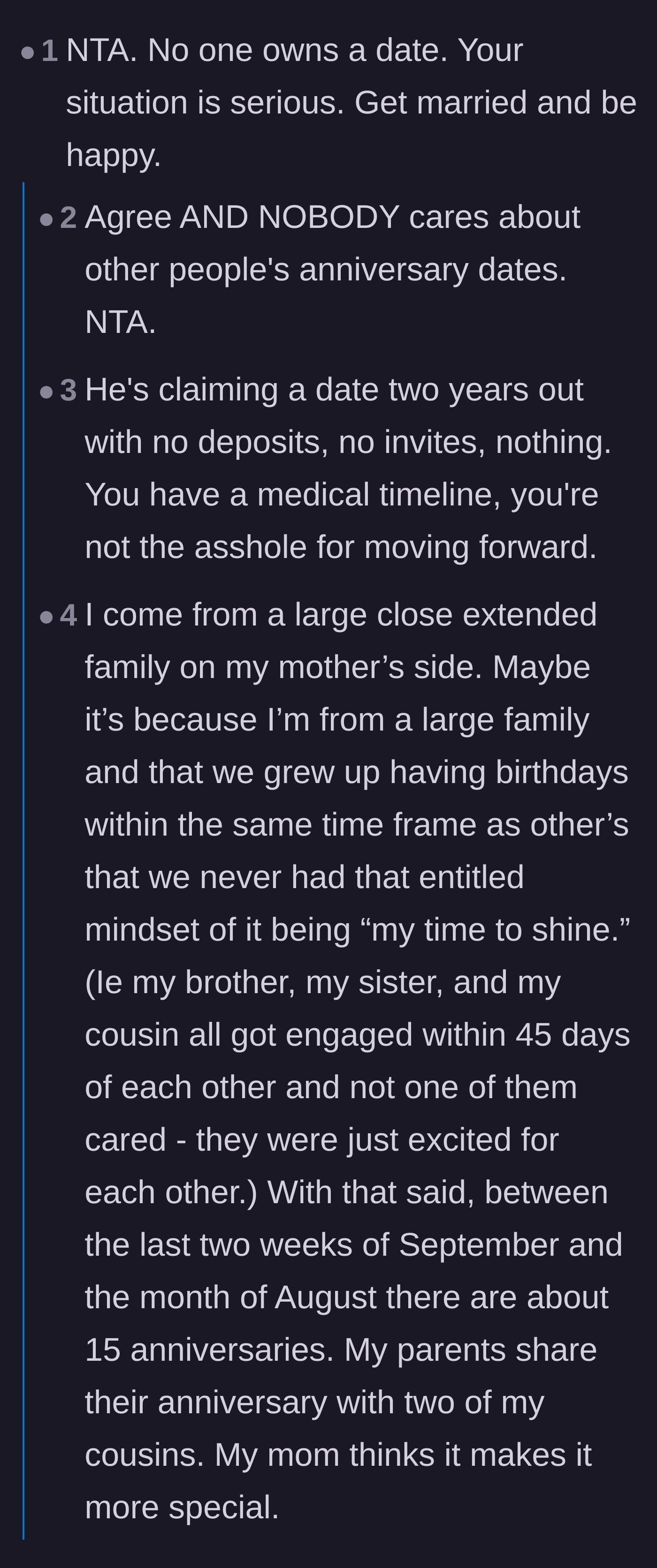 Comment thread 1 - Users sharing stories of shared family anniversaries and agreeing that nobody else cares about your wedding date.