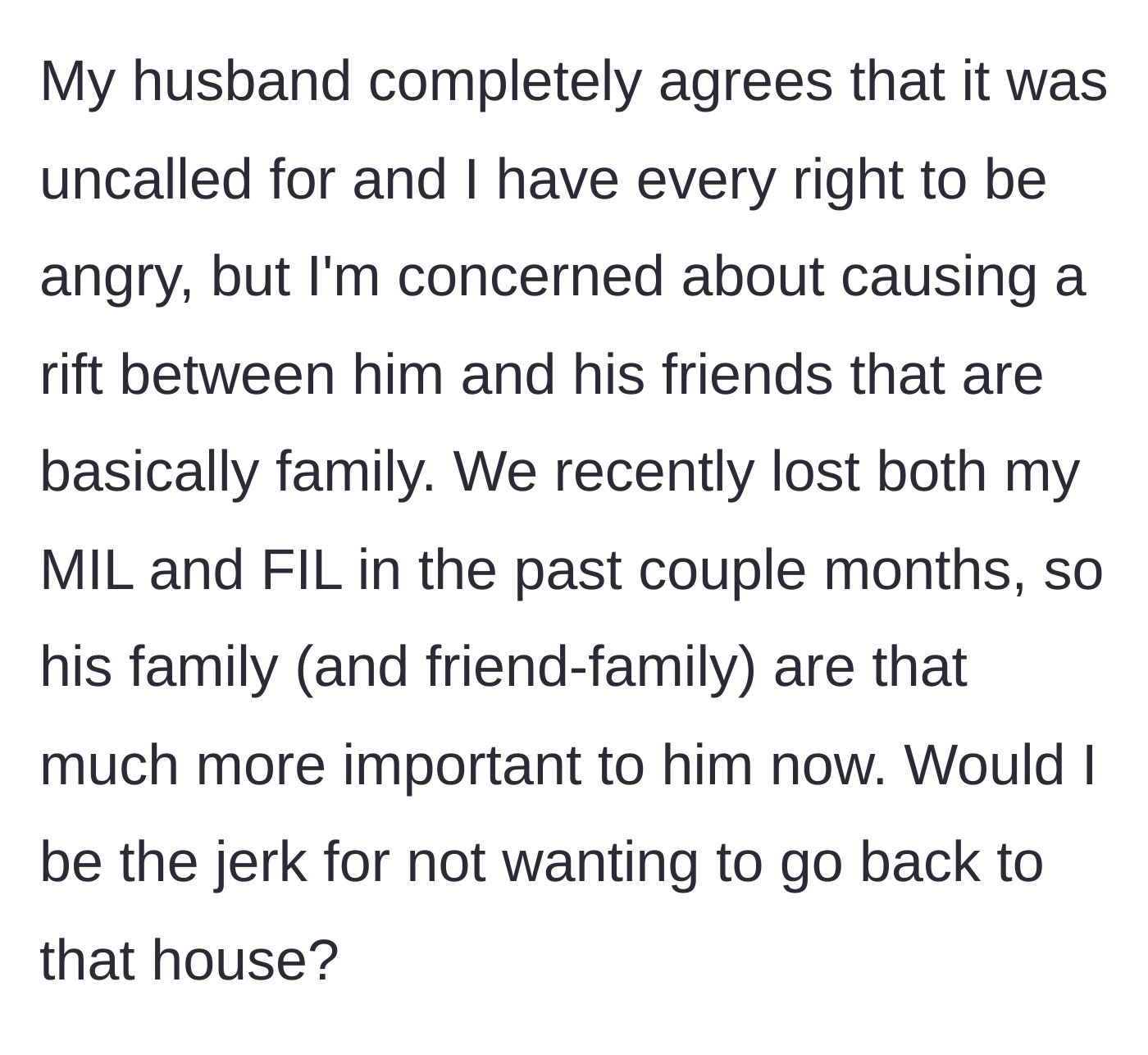 Story part 4 - The main character worries about causing a rift in the friend group because her husband recently lost his parents.