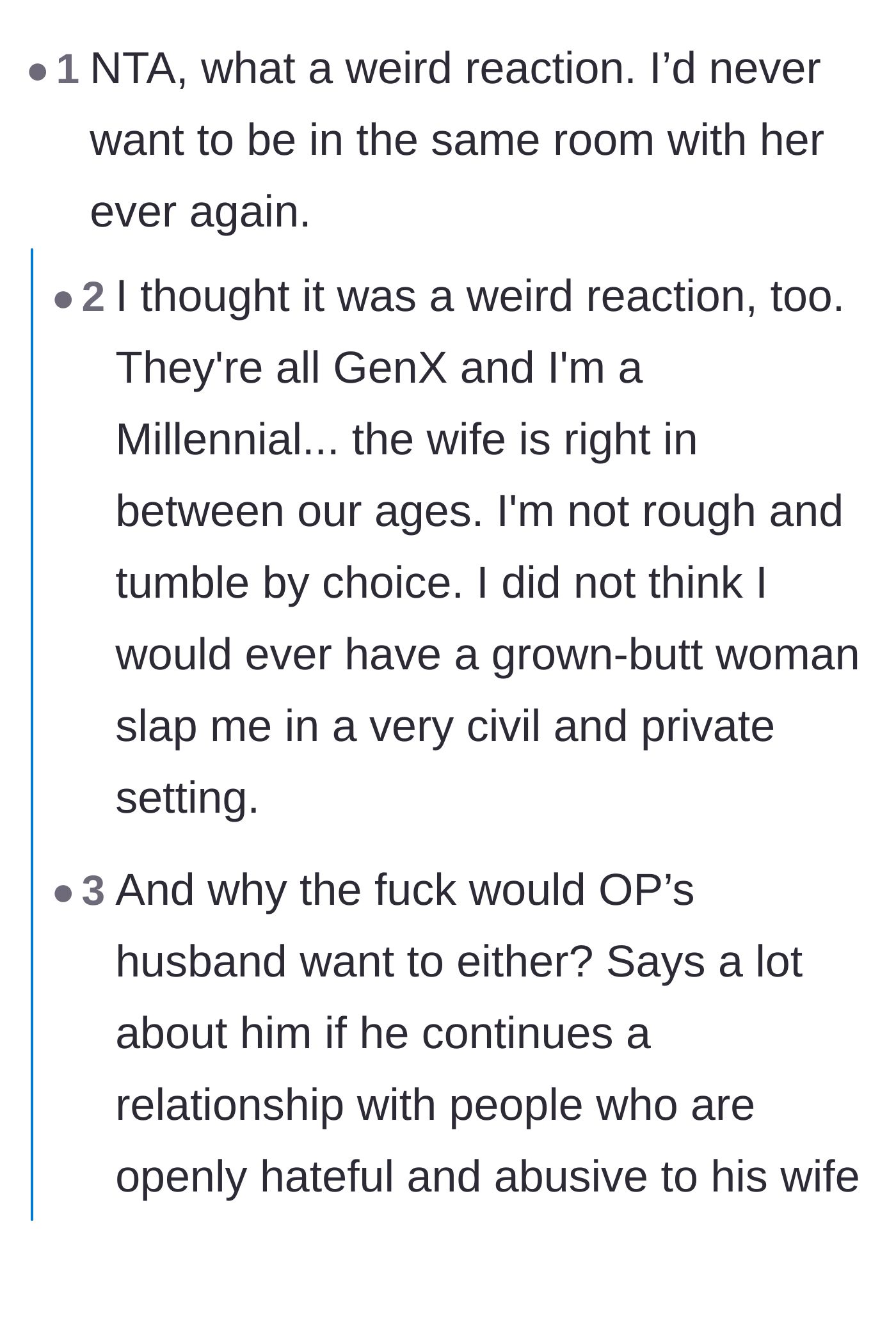 Comment thread 1 - A massive debate on generational reactions to being assaulted and OP's remarkable restraint.