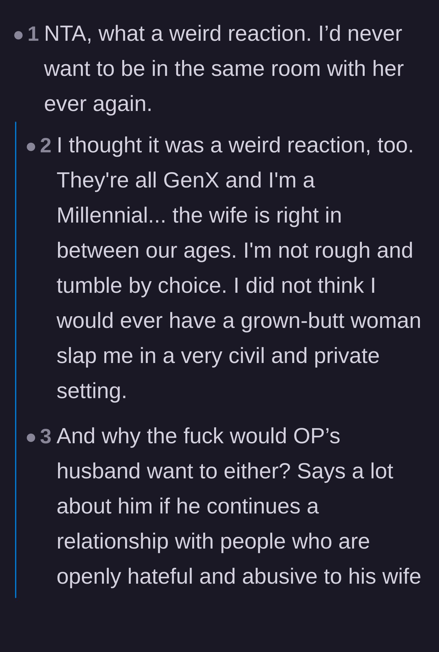 Comment thread 1 - A massive debate on generational reactions to being assaulted and OP's remarkable restraint.