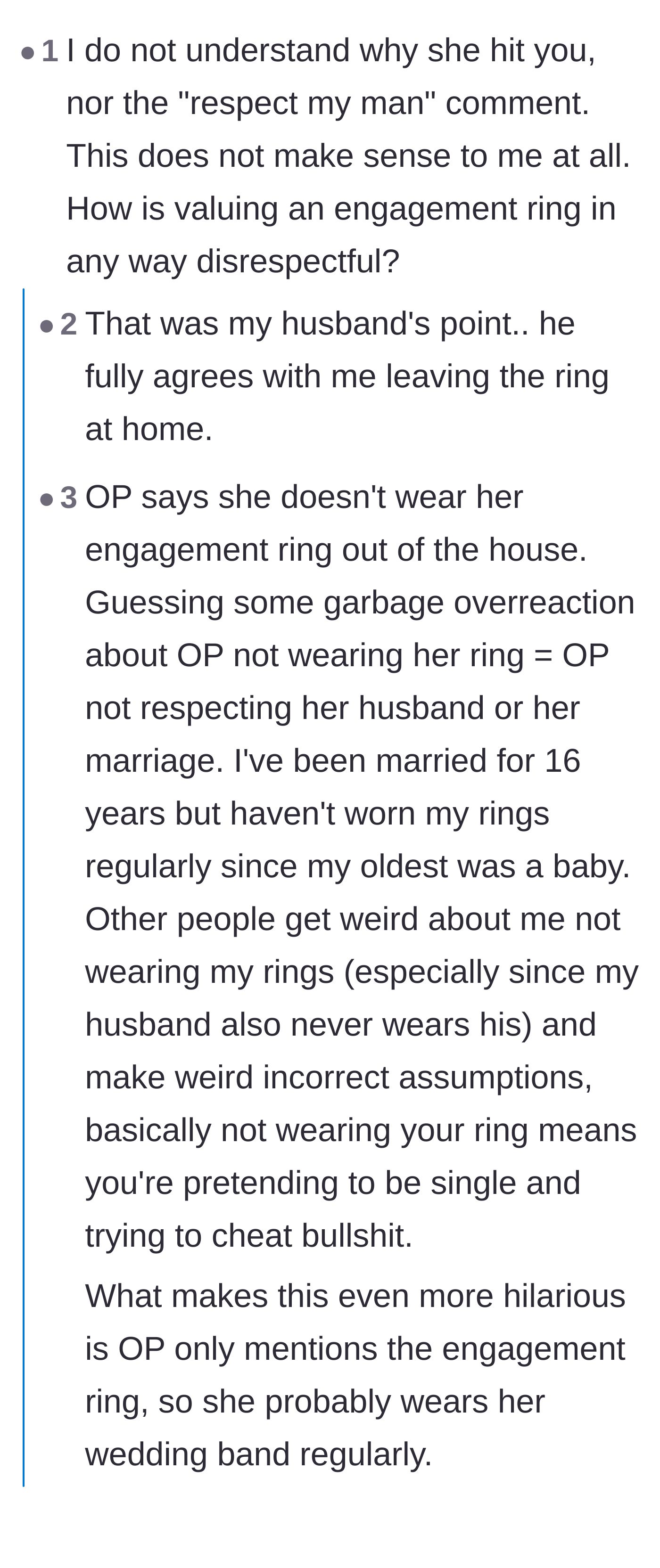 Comment thread 2 - Readers dissecting the bizarre 'respect my man' logic and reminding the main character not to sweep assault under the rug.