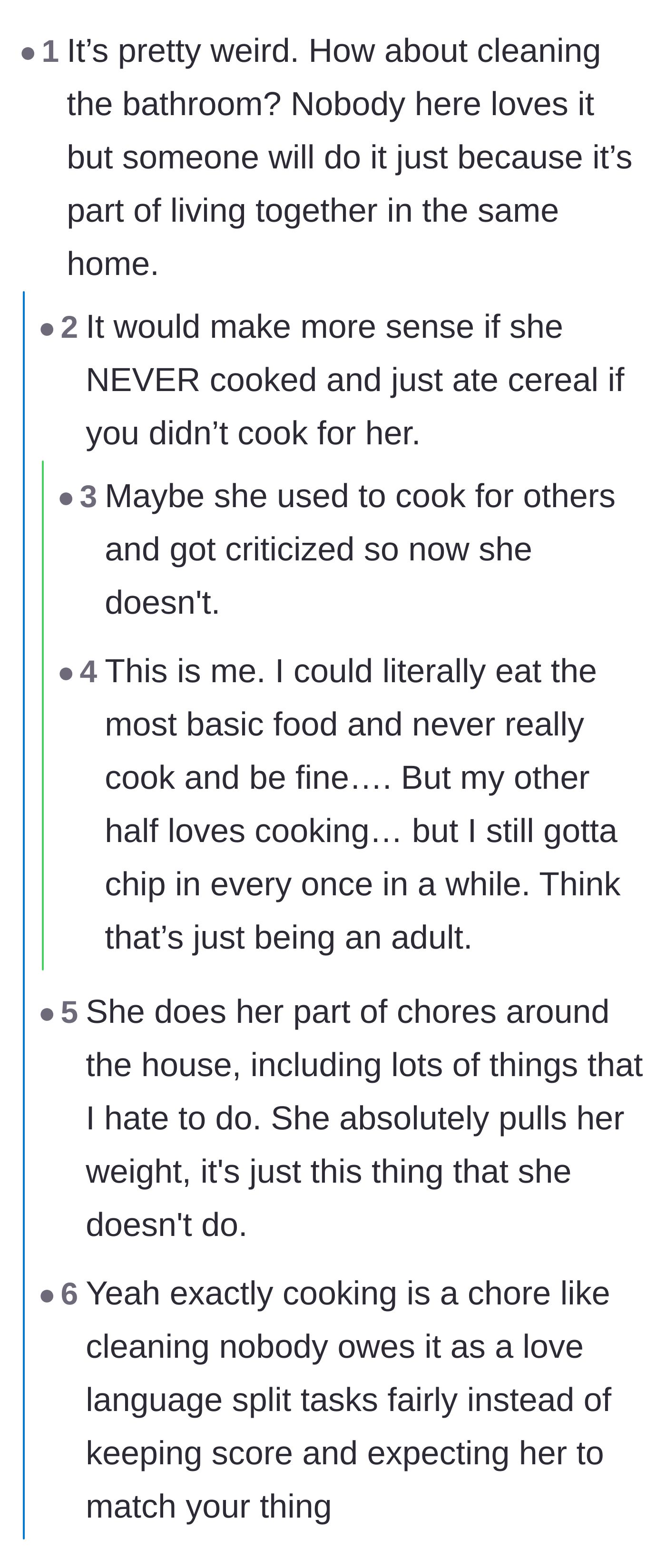 Comment thread 1 - Readers debating whether the girlfriend's refusal stems from past trauma or if the boyfriend is just making a big deal out of a normal chore division