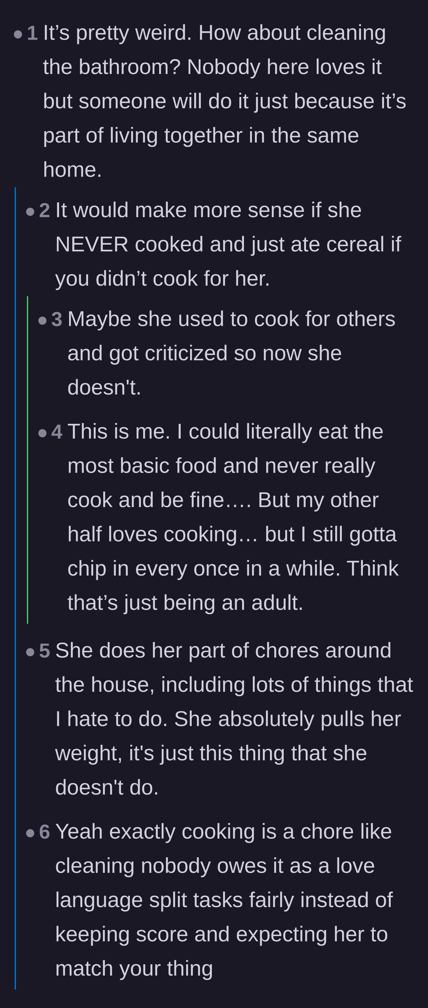 Comment thread 1 - Readers debating whether the girlfriend's refusal stems from past trauma or if the boyfriend is just making a big deal out of a normal chore division