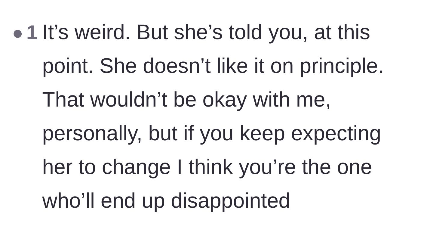 Comment thread 2 - A comment pointing out that the girlfriend made her boundary clear and the boyfriend will only disappoint himself by expecting her to change