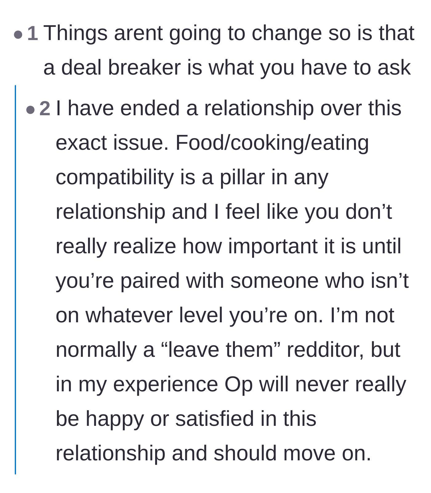 Comment thread 3 - Advice from a reader who ended a past relationship over food incompatibility, warning the boyfriend to move on