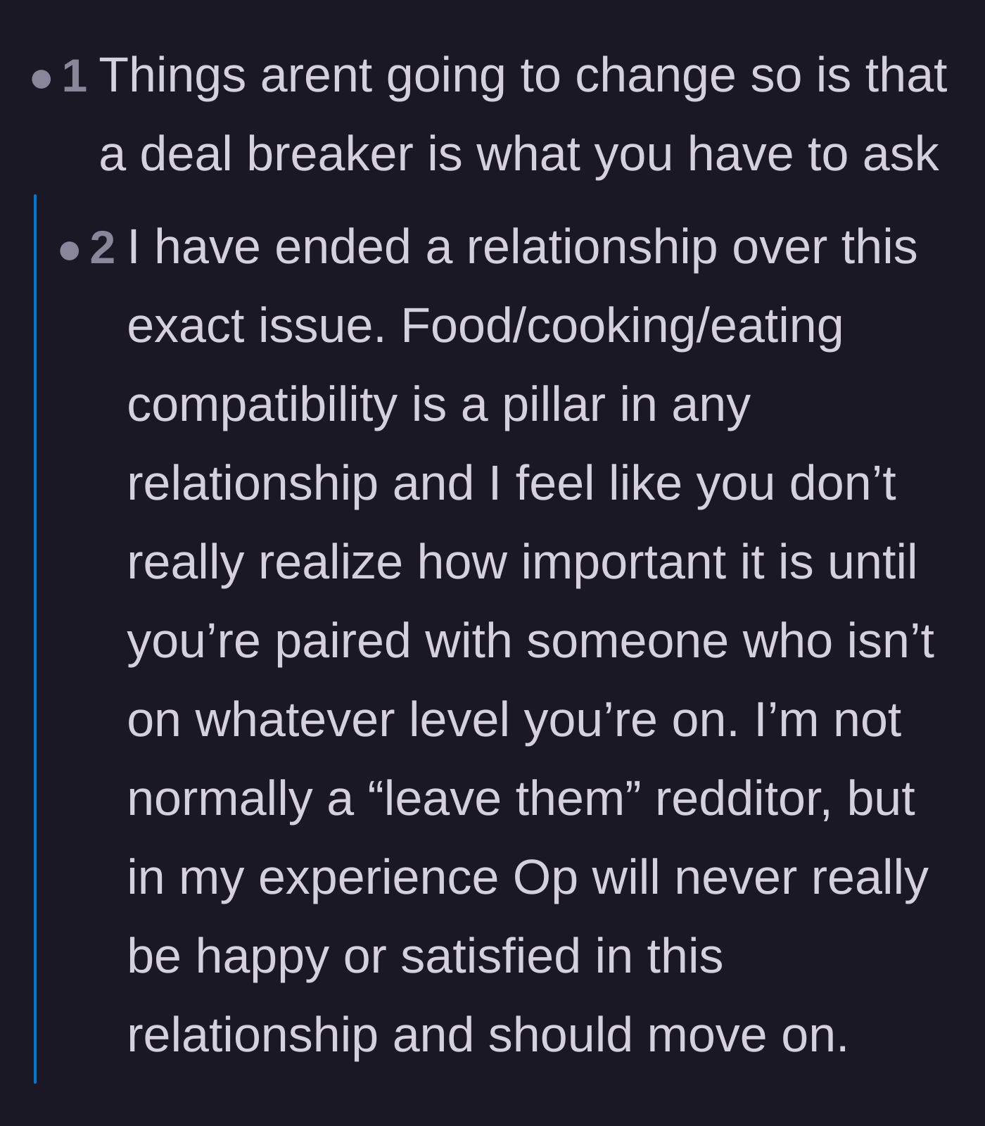 Comment thread 3 - Advice from a reader who ended a past relationship over food incompatibility, warning the boyfriend to move on