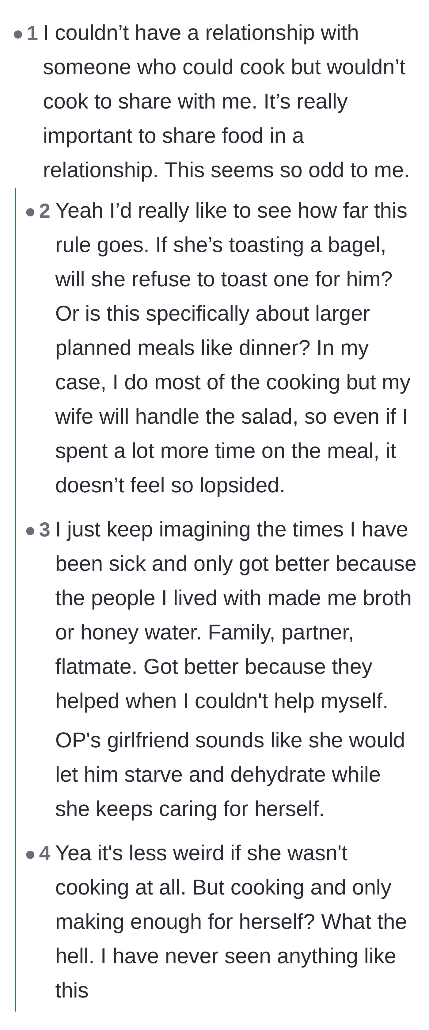 Comment thread 4 - Readers wondering if the girlfriend's strict rule would still apply if the boyfriend were too sick to feed himself