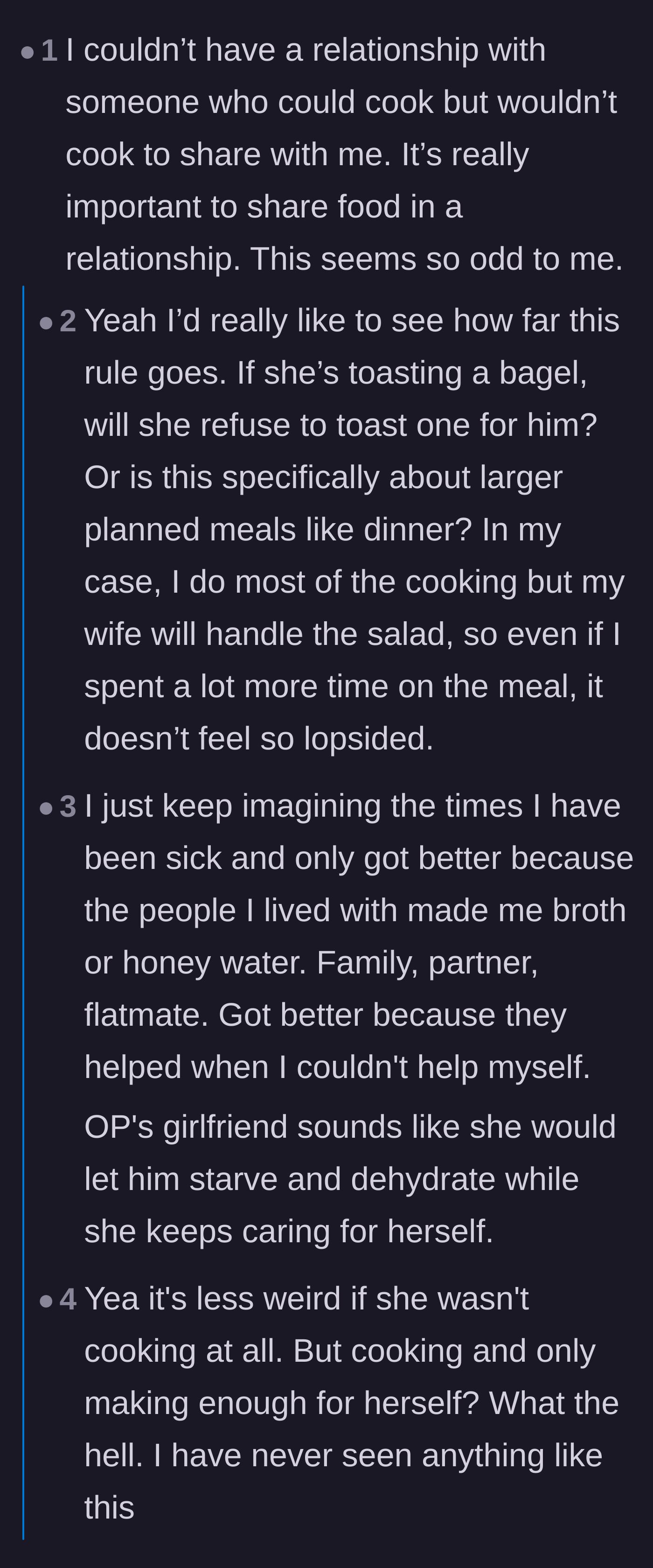 Comment thread 4 - Readers wondering if the girlfriend's strict rule would still apply if the boyfriend were too sick to feed himself