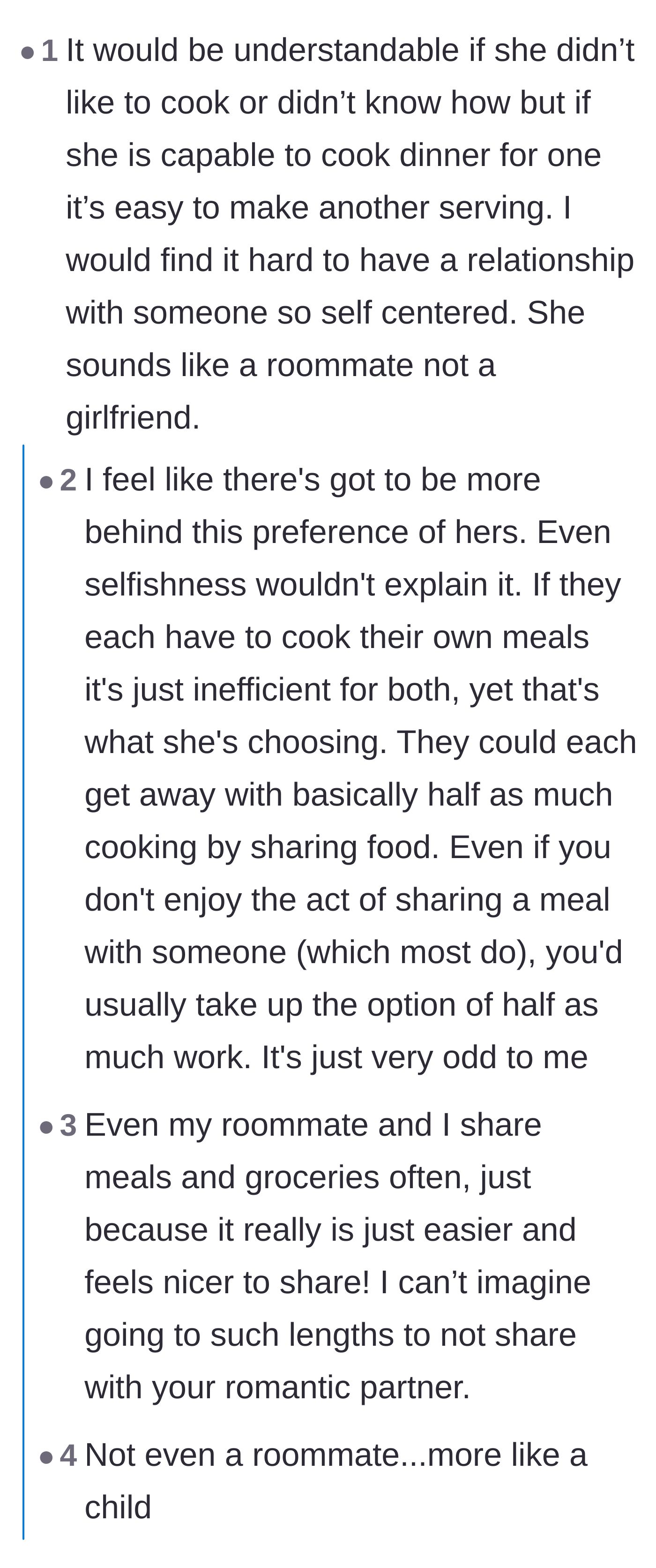 Comment thread 5 - A discussion about how inefficient and unromantic it is for a couple to cook entirely separate meals, comparing them to bad roommates