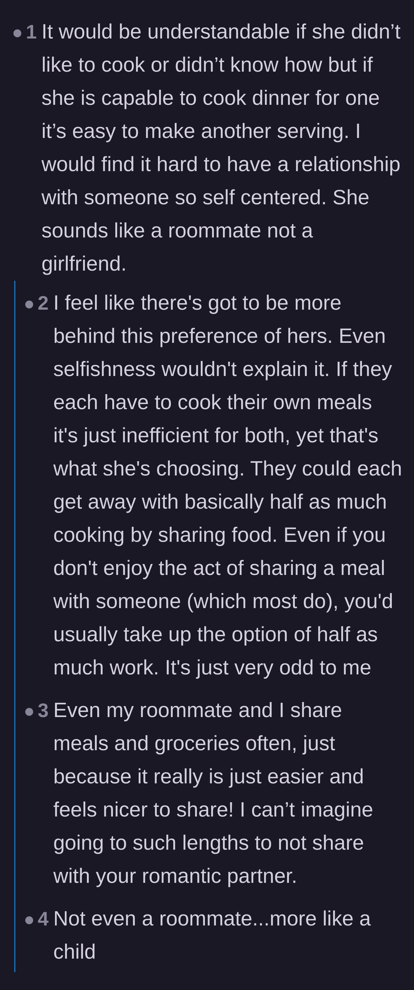 Comment thread 5 - A discussion about how inefficient and unromantic it is for a couple to cook entirely separate meals, comparing them to bad roommates