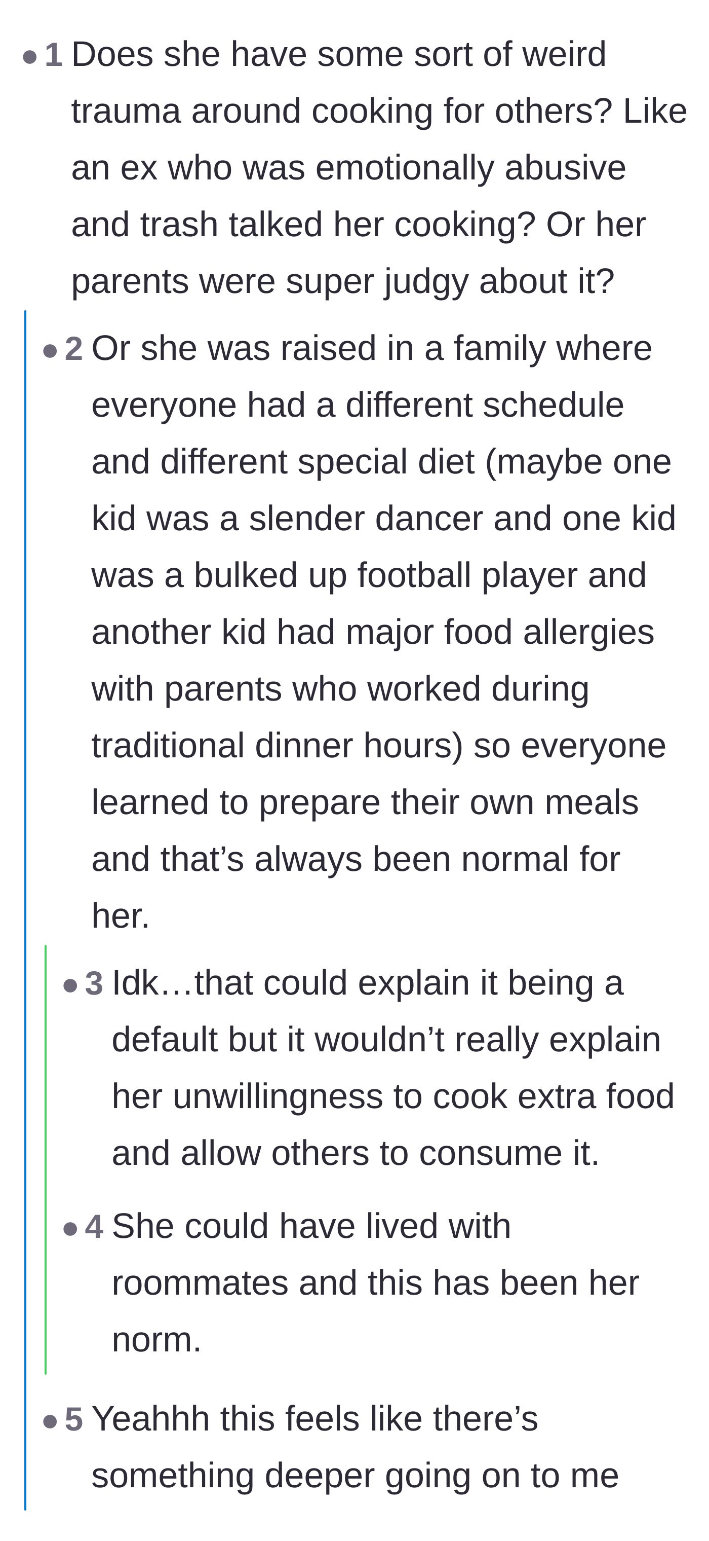 Comment thread 6 - Readers speculating about hidden family trauma and debating whether the boyfriend should have tried harder to understand her instead of issuing an ultimatum