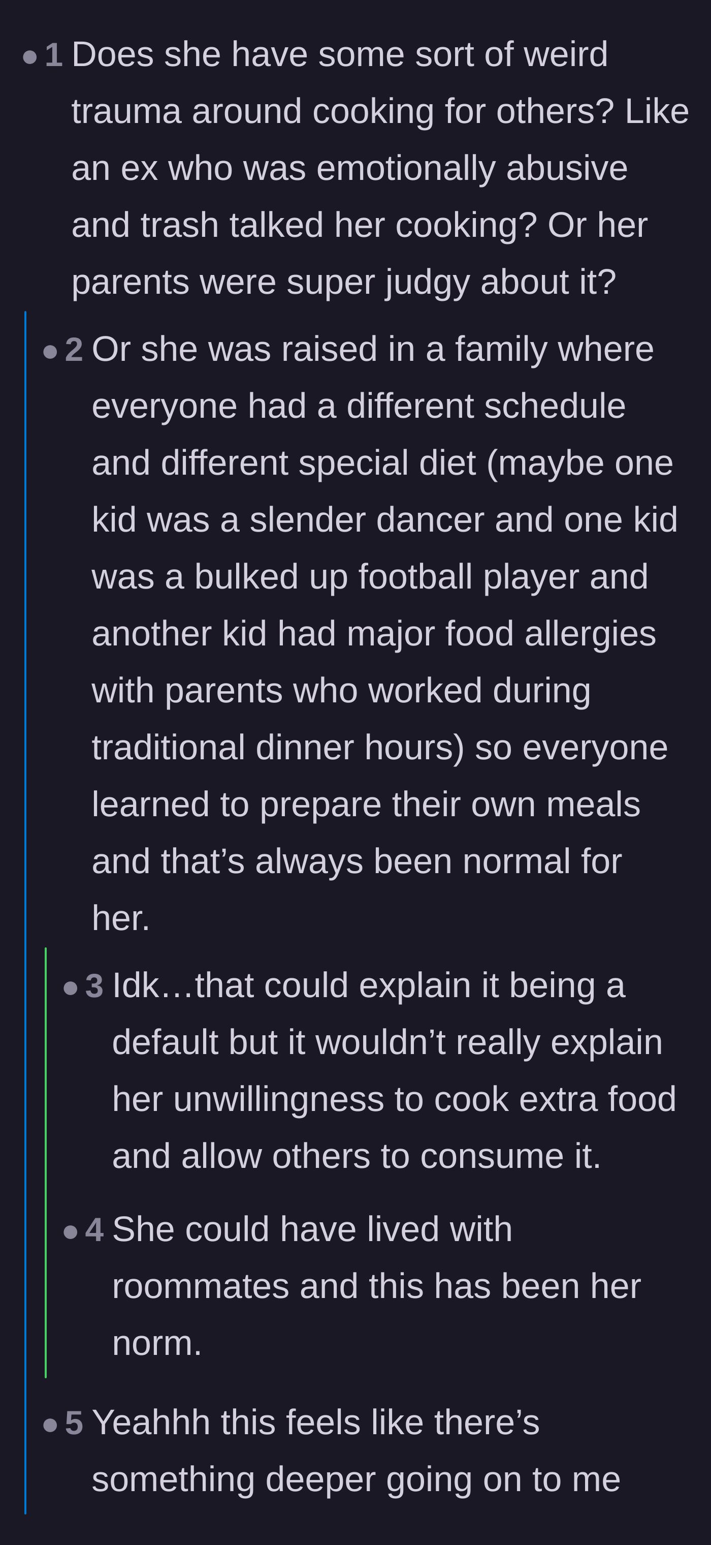 Comment thread 6 - Readers speculating about hidden family trauma and debating whether the boyfriend should have tried harder to understand her instead of issuing an ultimatum