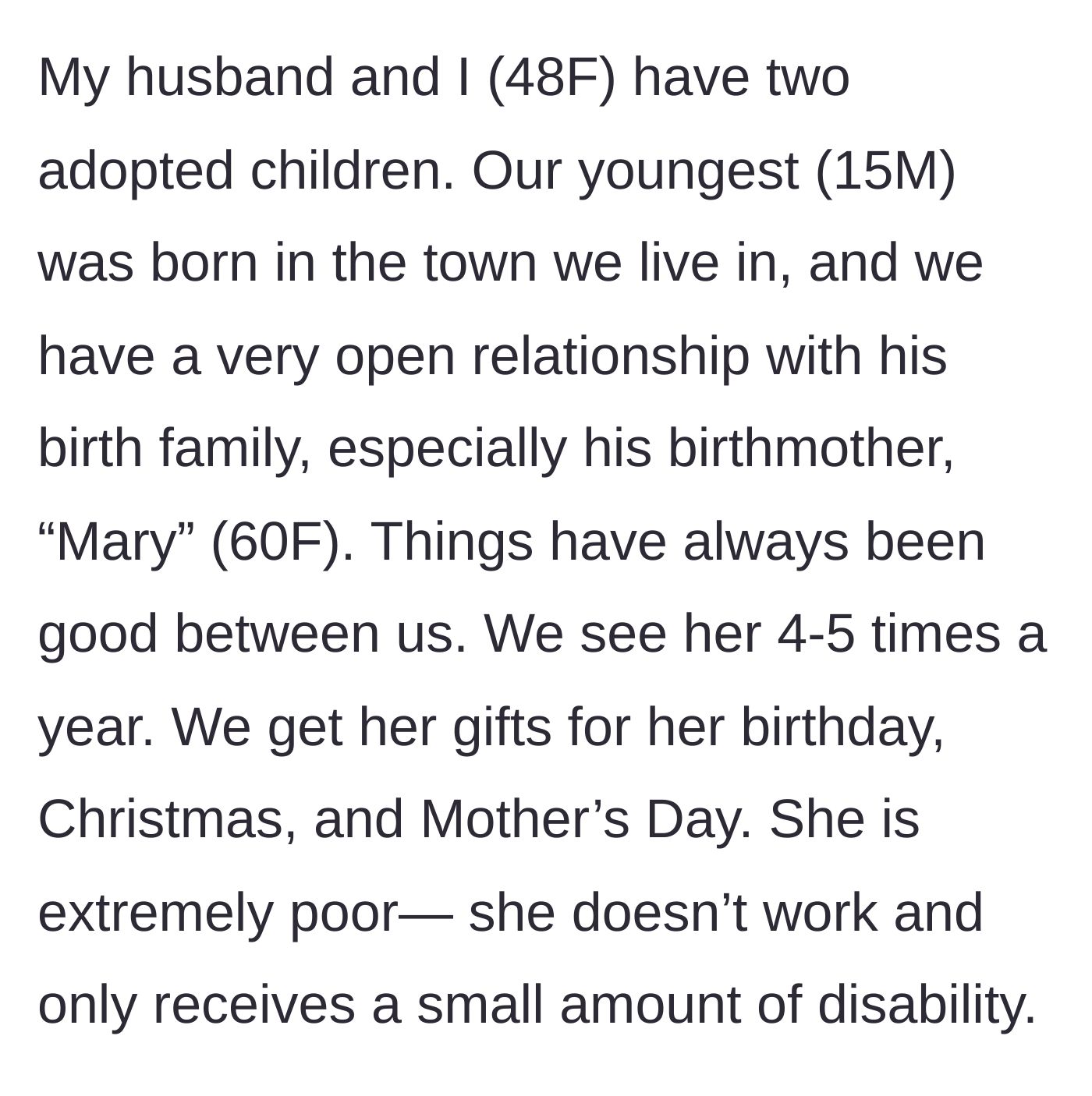 Story part 1 - Introduction to the open adoption dynamic and the birthmother's financial struggles.