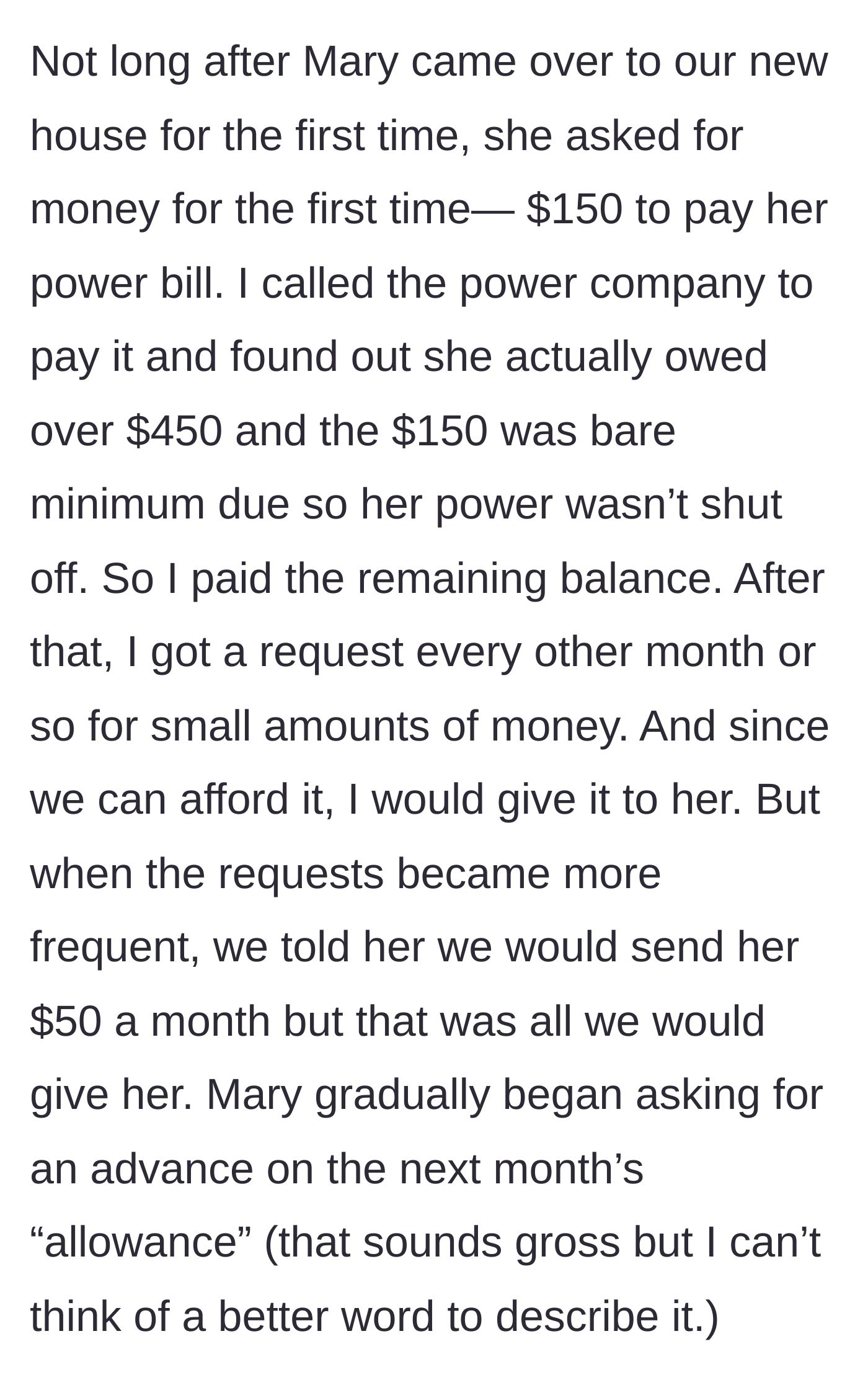 Story part 3 - The first financial request from the birthmother and the escalation into a monthly allowance and cash advances.