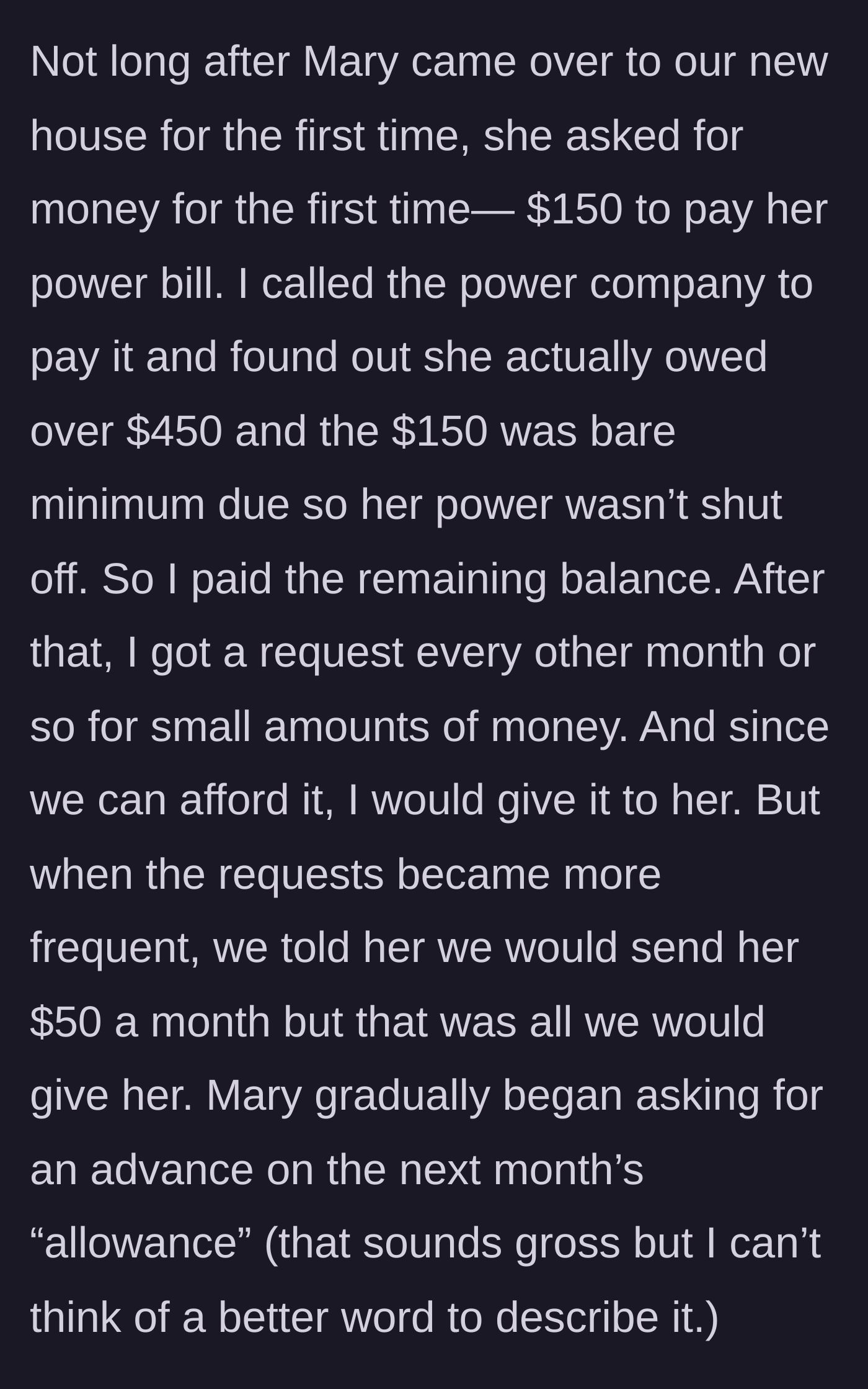 Story part 3 - The first financial request from the birthmother and the escalation into a monthly allowance and cash advances.