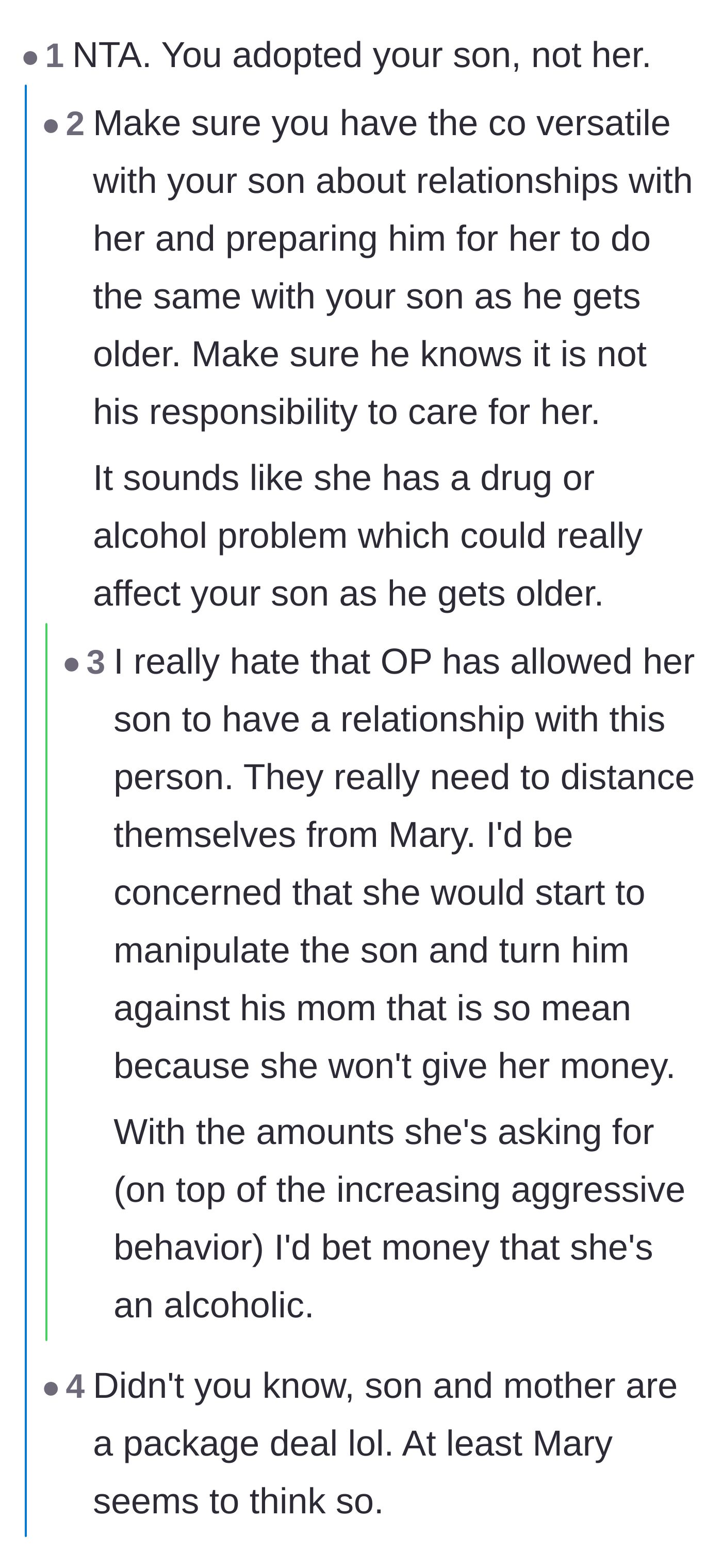 Comment thread 1 - A debate on the boundaries of open adoption and protecting the son from future manipulation.
