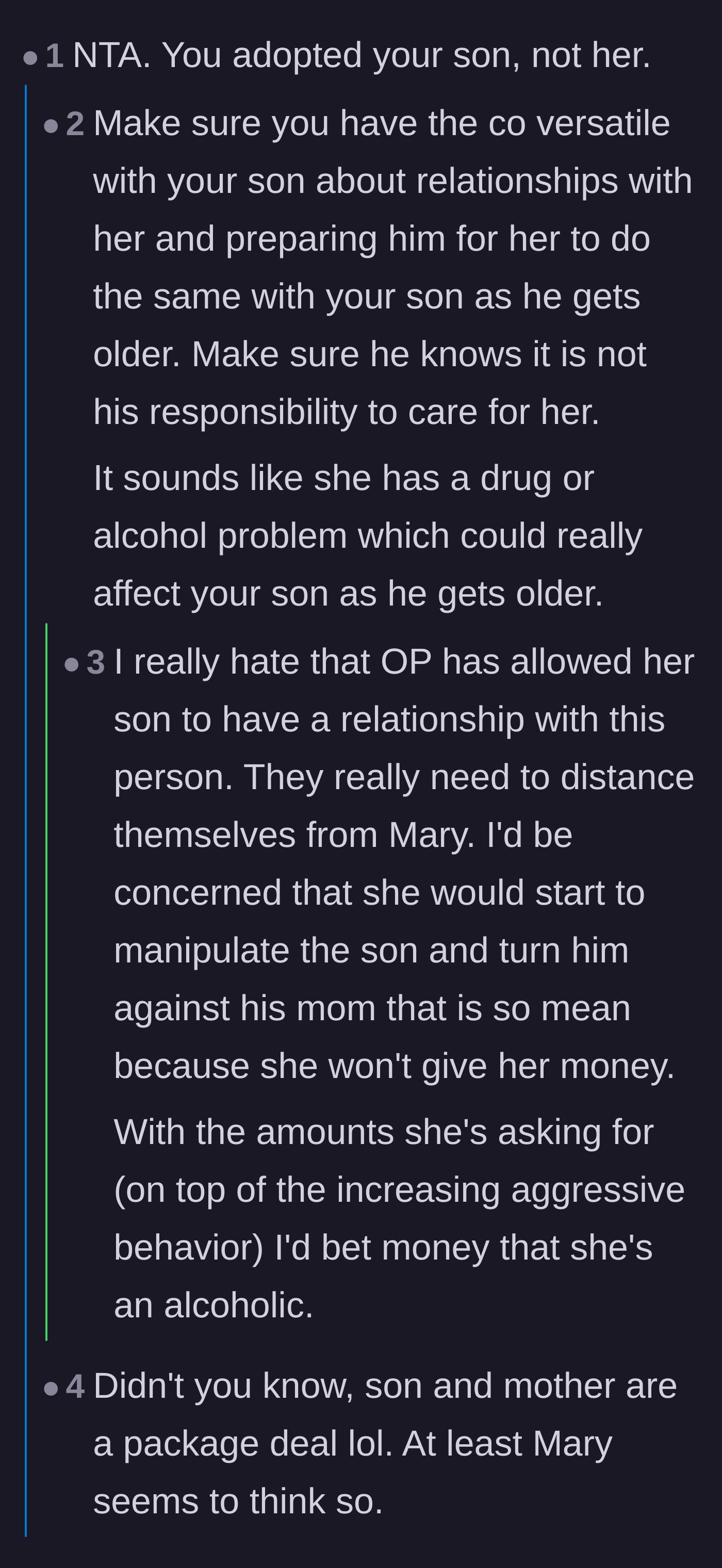 Comment thread 1 - A debate on the boundaries of open adoption and protecting the son from future manipulation.
