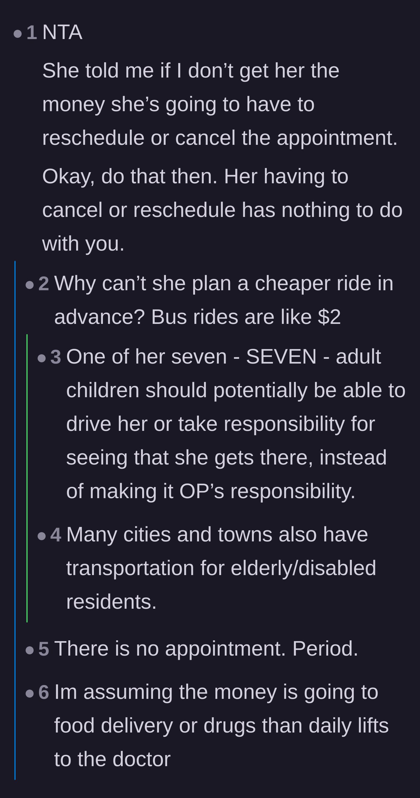 Comment thread 2 - Readers pointing out free medical transport options and calling the birthmother's bluff on canceling appointments.