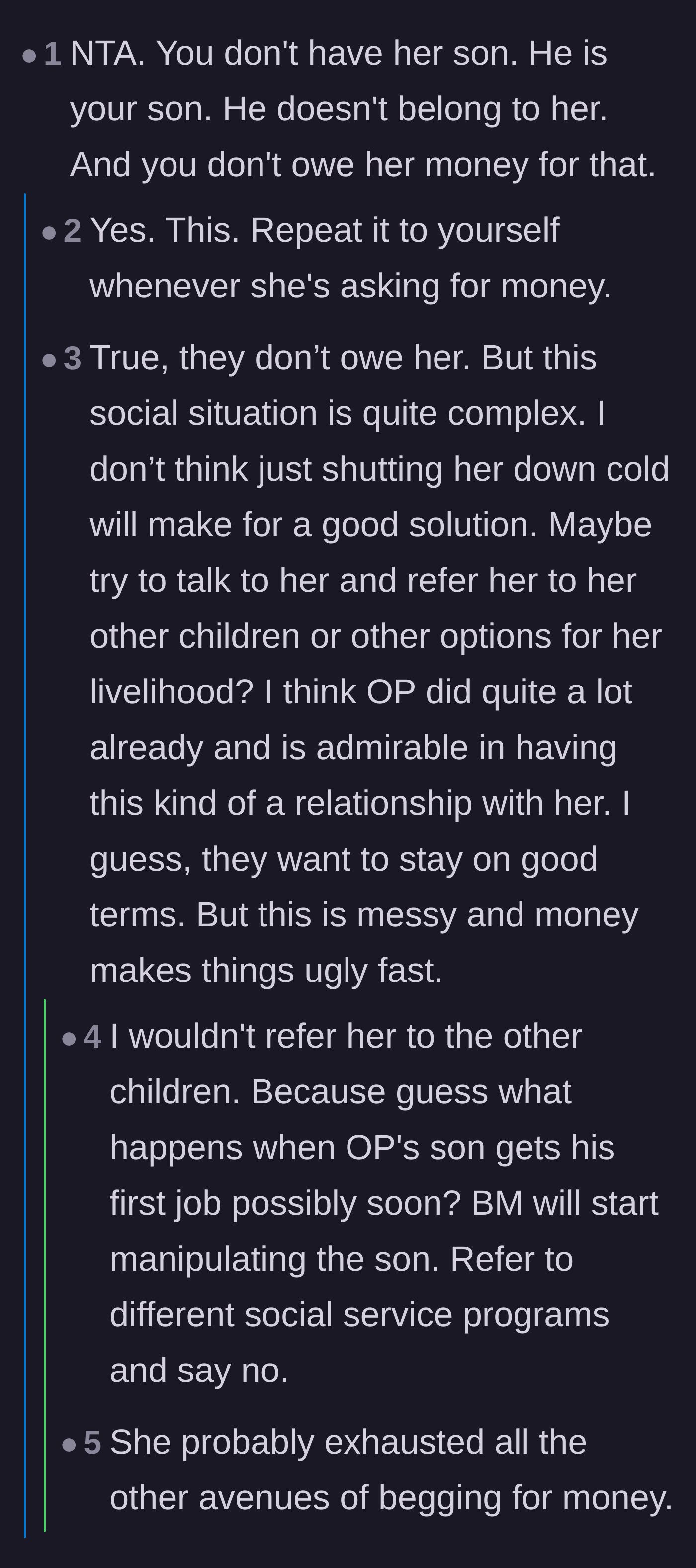 Comment thread 3 - Discussion on legal parenthood and the risks of directing the birthmother to ask other family members for cash.
