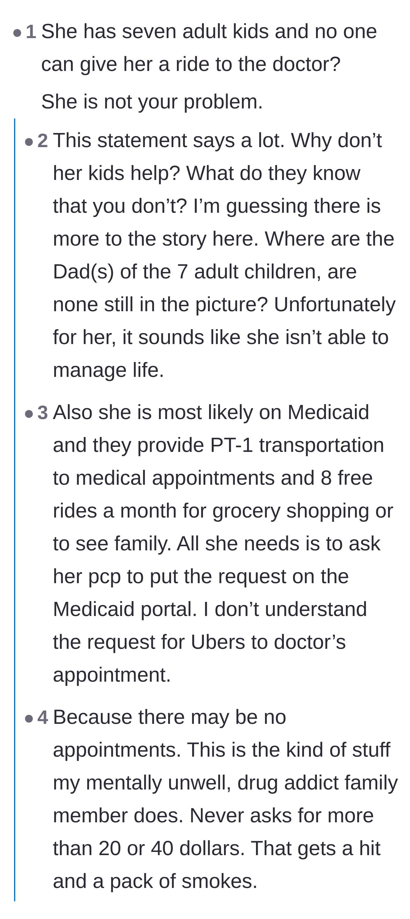 Comment thread 4 - Speculation on why the birthmother's seven other adult children have seemingly cut off financial support.