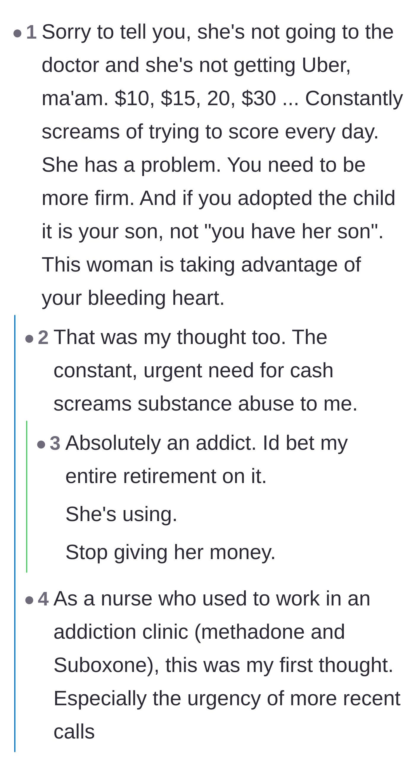 Comment thread 5 - Healthcare workers and readers identifying the small, urgent cash requests as classic signs of addiction.