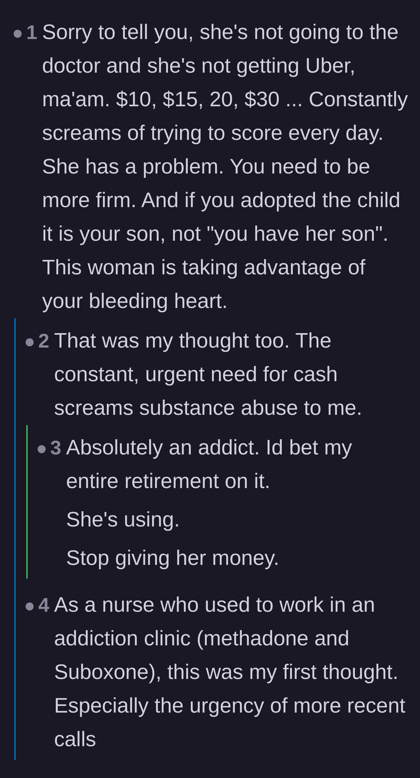 Comment thread 5 - Healthcare workers and readers identifying the small, urgent cash requests as classic signs of addiction.