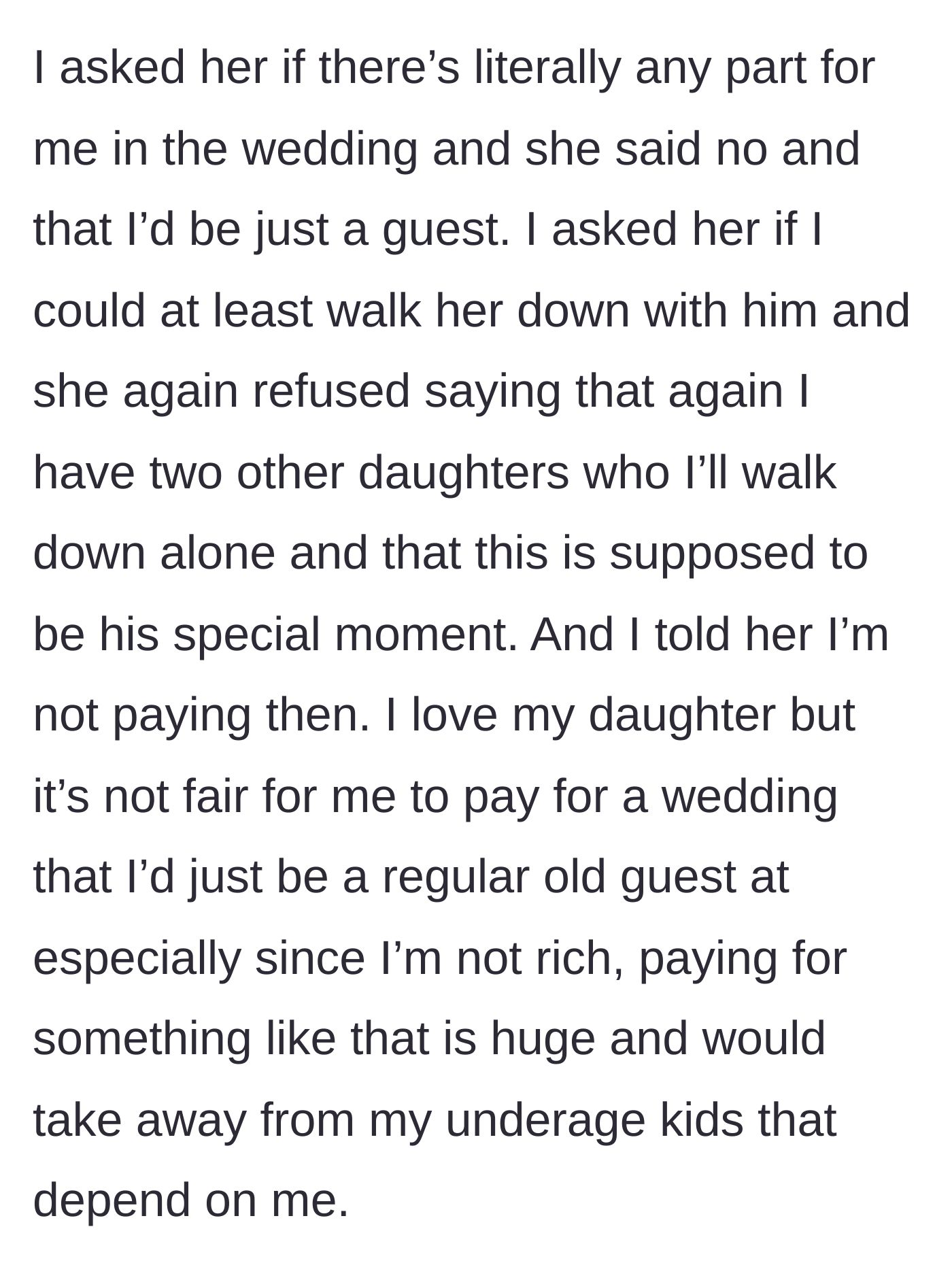Story part 4 - The father asks for a compromise, is firmly denied any role beyond a regular guest, and officially refuses to pay for the event.