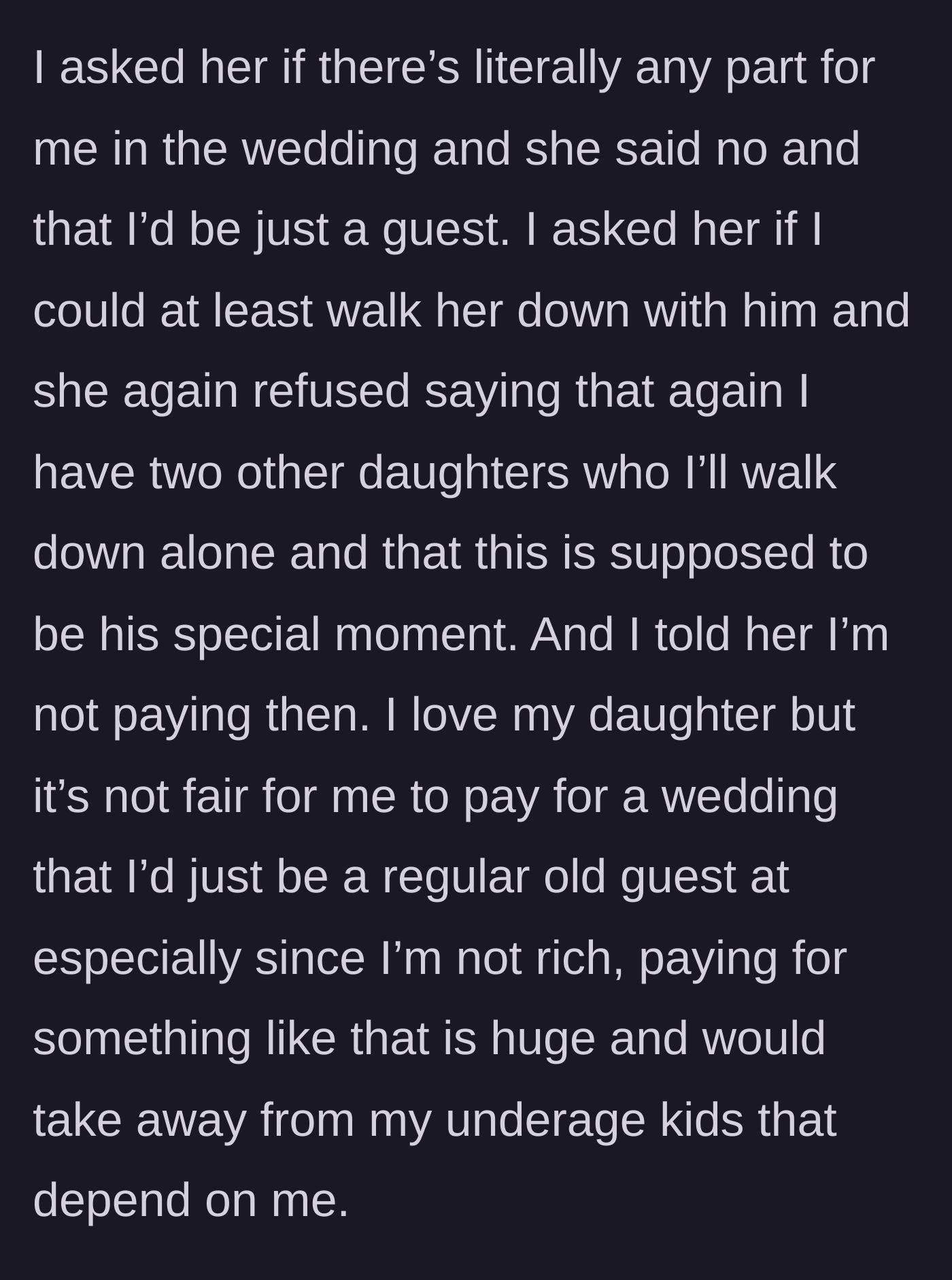 Story part 4 - The father asks for a compromise, is firmly denied any role beyond a regular guest, and officially refuses to pay for the event.