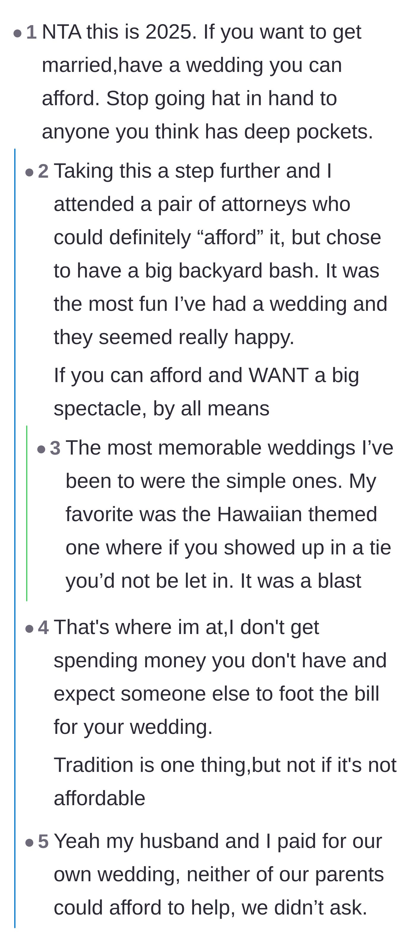 Comment thread 1 - Readers swapping stories about affordable, laid-back weddings versus expensive spectacles.